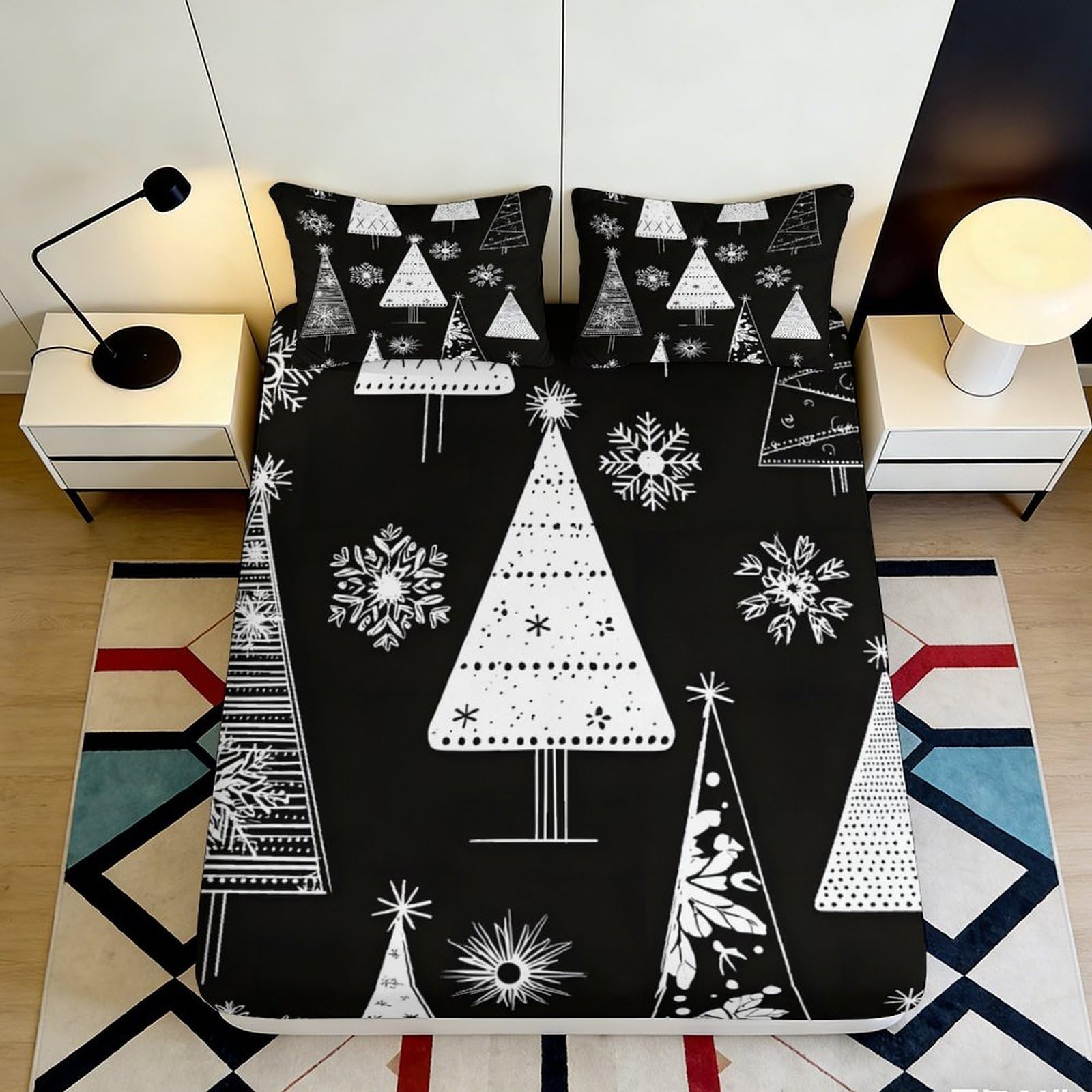 3D Printed Christmas Tree Snowflake Microfiber Deep Pocket Fitted Sheet Non-Slip Bedding Set Christmas Tree Mattress Fitted Cover Full Wrap Washable 180x200x25cm