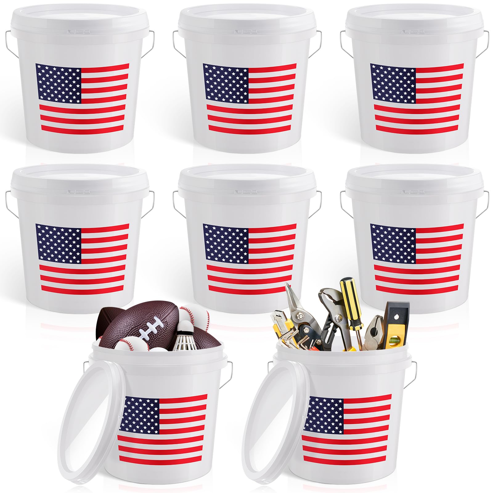 Threehoney 6 Pcs 2 Gallon Plastic Bucket with Lid and Handle, Large White Heavy Duty Bucket with American Flag for Home Gardening Tools Household