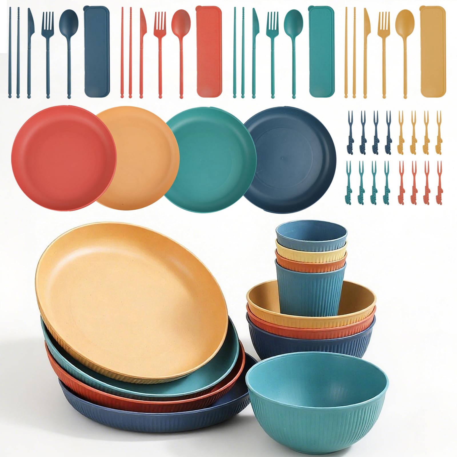 Juego de vajilla de camping 52 piezas para 4 personas – Vajilla ligera y apilable de plástico para picnic, barbacoa, jardín y viaje | Incluye platos, cubiertos, tazas y cuencos