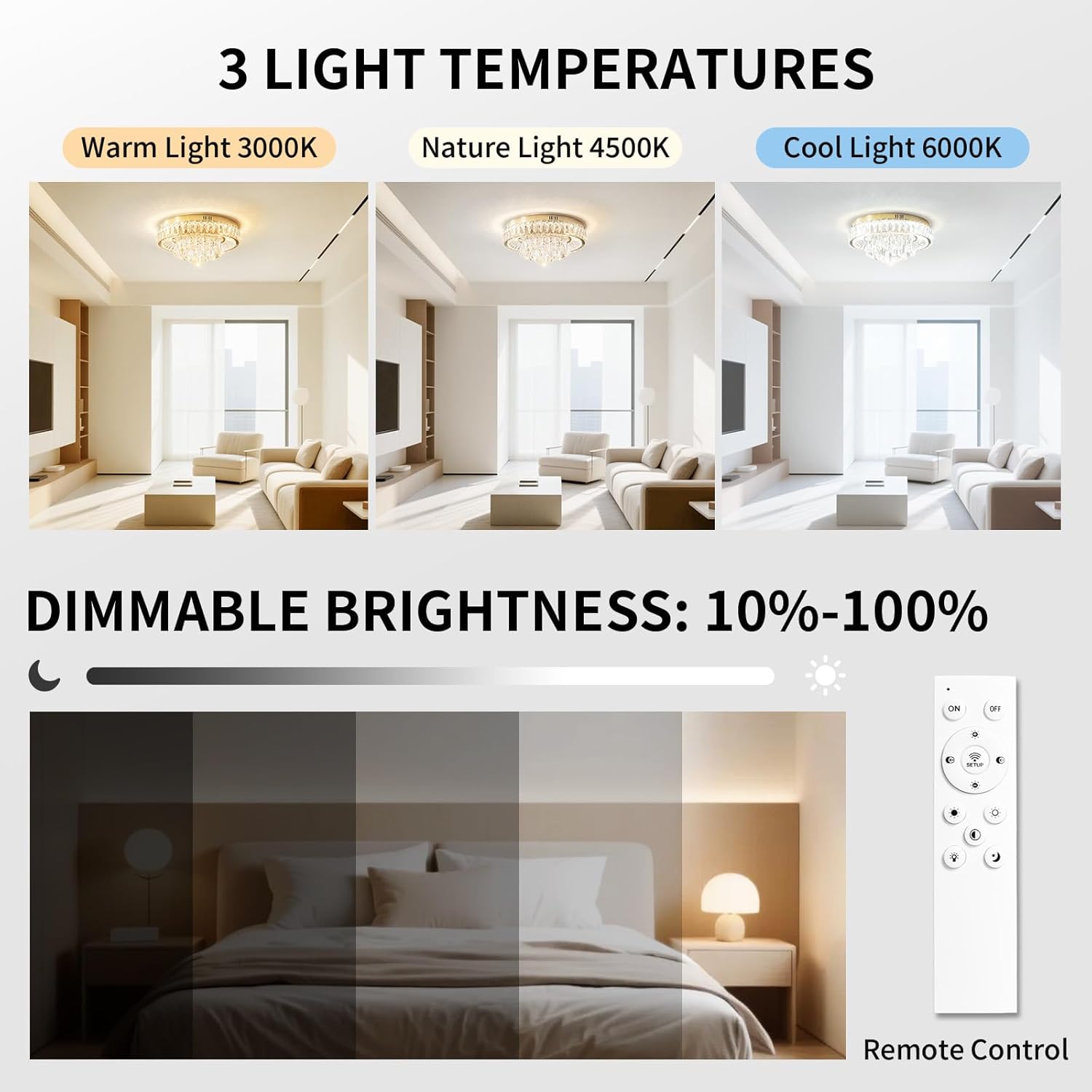 Modern LED Ceiling Crystal Chandelier: K9 Crystals Light With Remote For Dimmable - 20" Gold Crystal Chandeliers Flush Mount Ceilings Light Fixtures For Dining Room Bedroom Entryway Living Room