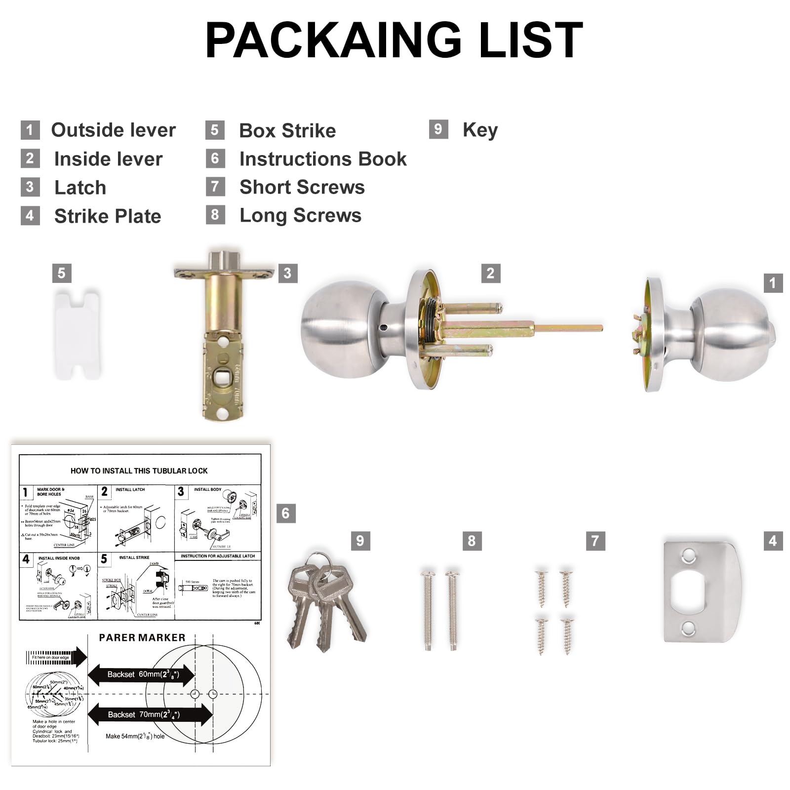 YELANGU Entrance and exit Door Knob with Key Stainless Steel Exterior Doors Knobs Round Security Front Doors Lock Set Satin Nickel 1 Pack(Silver) - Image 3