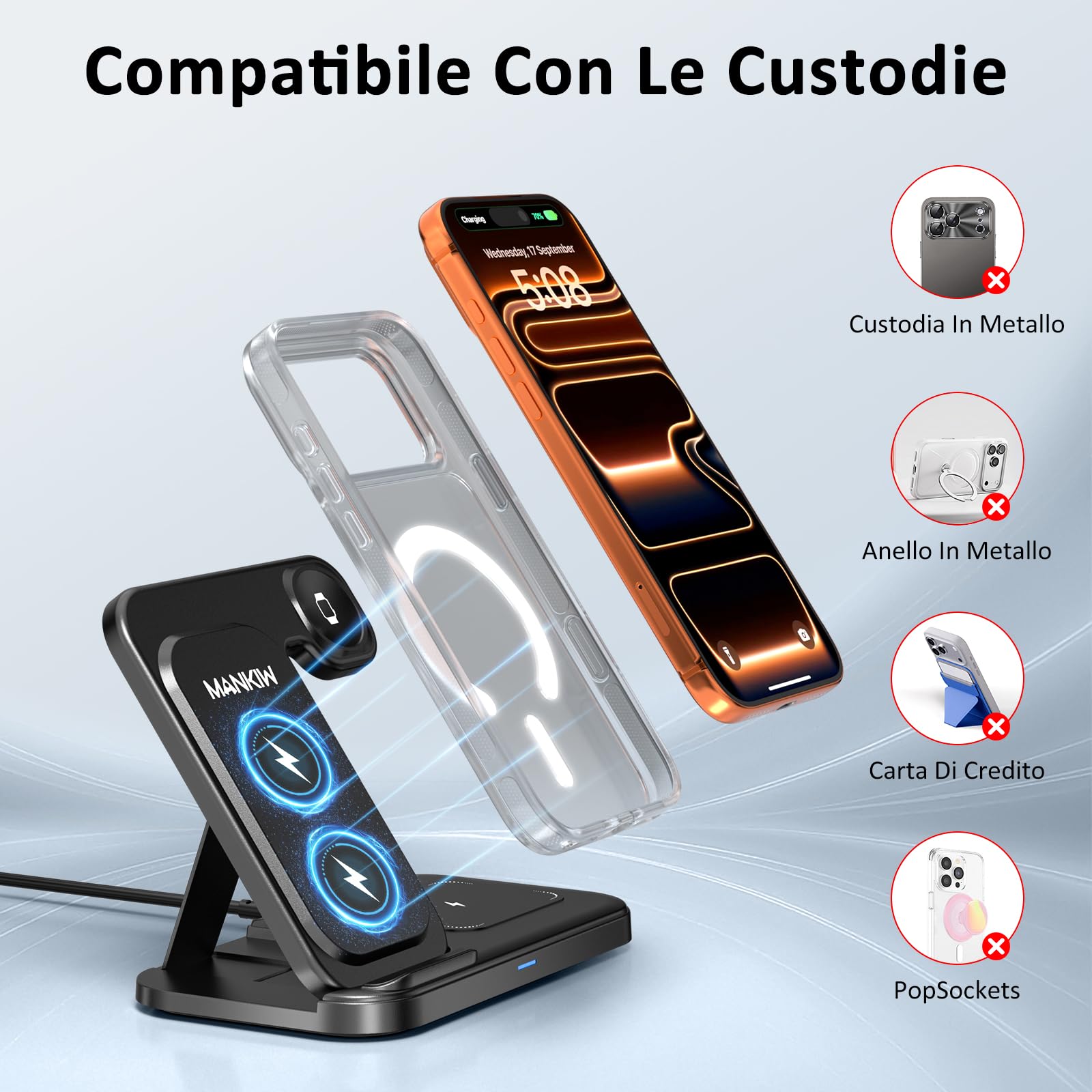 MANKIW Caricatore Wireless 3 in 1 per Apple, Stazione Ricarica per iPhone Air/17/16/15/14/13/12/11 Serie, Compatibile con Watch Ultra/11-2 e AirPods Pro 3/2/4