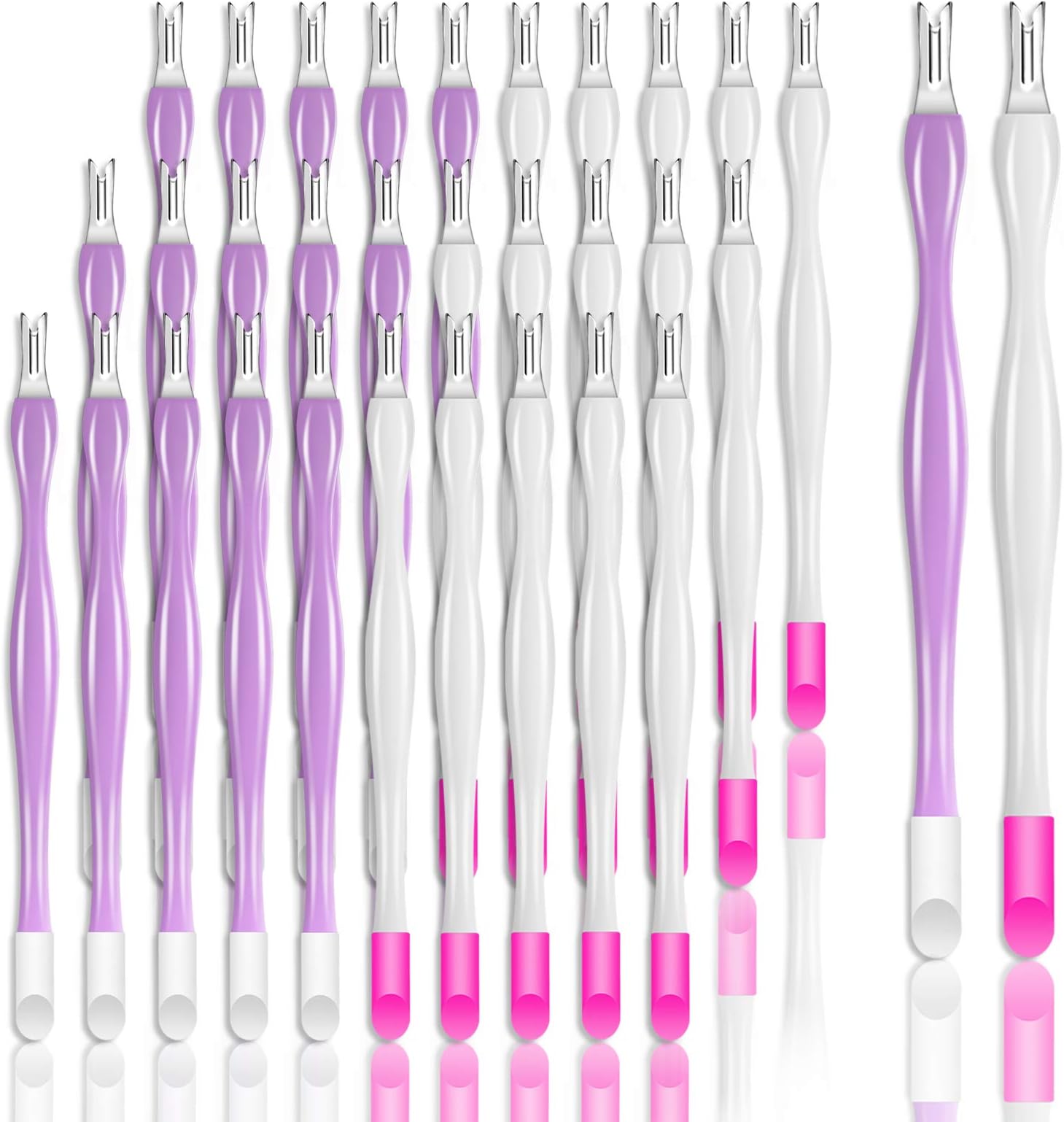 Allstarry 30 Pieces Nail Cuticle Trimmer Remover Plastic Handle Cuticle Pusher Rubber Nail Cleaner Double Head Dead Skin Cuticle Knife Removal Fork Tools for Girls Women and Men - Purple and White