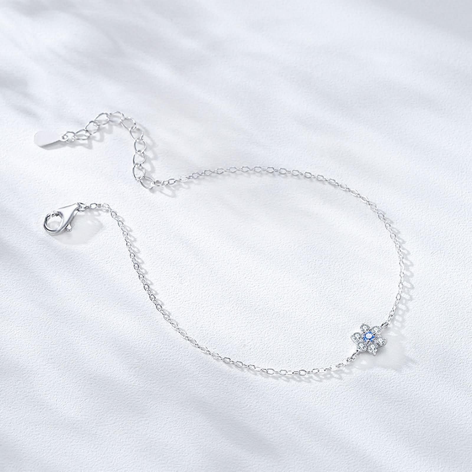 Pulseras Oro Blanco Mujer 9Kilates / 14Kilates / 18Kilates, Flor con Aguamarina y Diamante Creado, Cadena Extensible 16 CM + 5 CM, Pulsera de Mujer Ajustable Plata Azul Claro