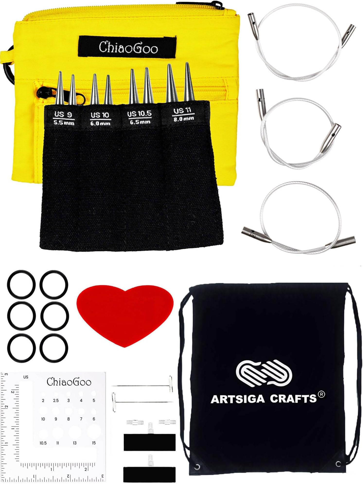 ChiaoGoo Twisted Red Lace Shorts 3" Large Yellow 7230-L Interchangeable Knitting Needle Set US 9 10 10.5 11 Stainless Steel 3 Swivel 360 Cables with Project Bag