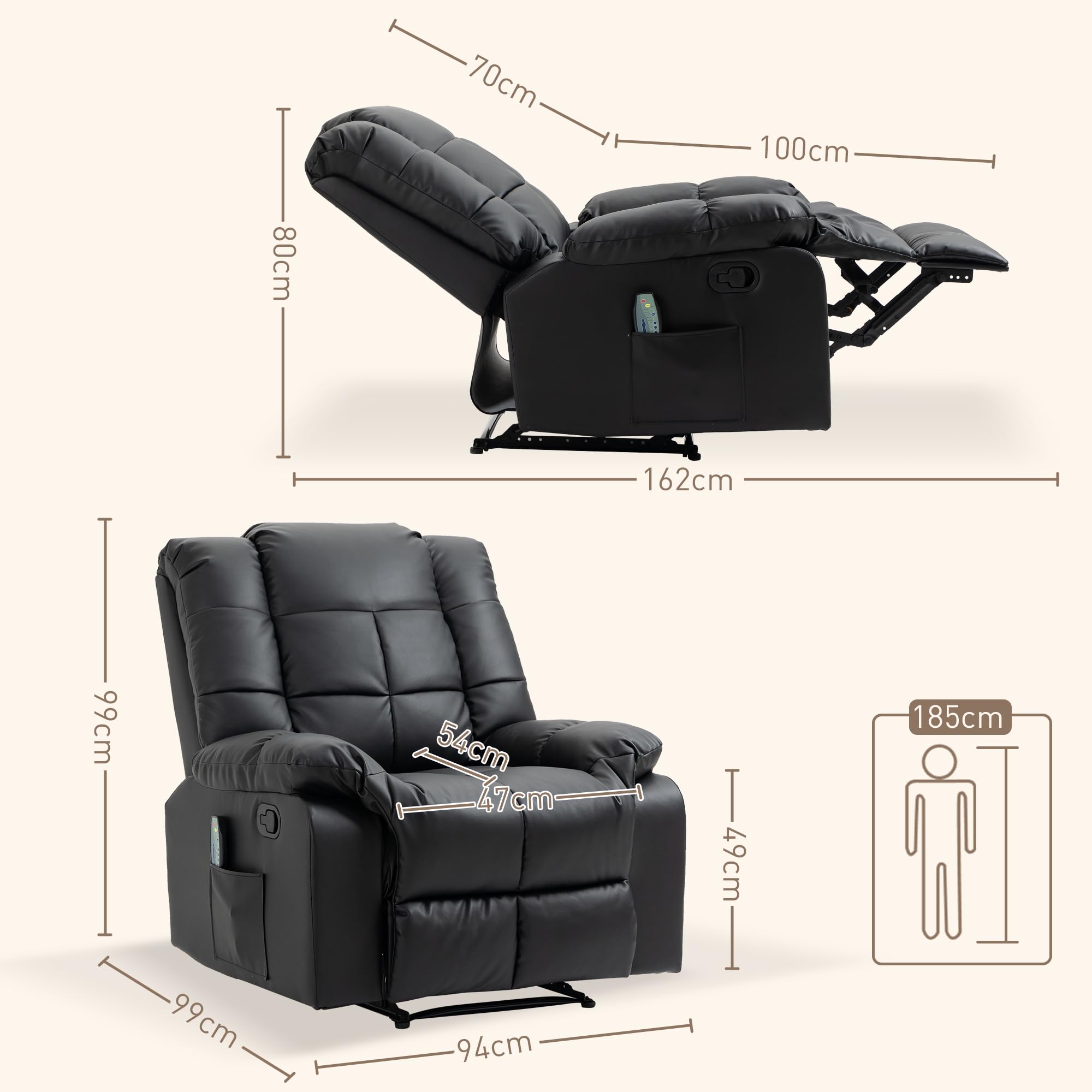 HOMCOM Sillón de Masaje, Sillón Relax Reclinable con 8 Puntos de Masaje, Mando a Distancia, Tapizado en PU, Reposapiés, Bolsillo Lateral, Butaca para Salón, Dormitorio, Negro