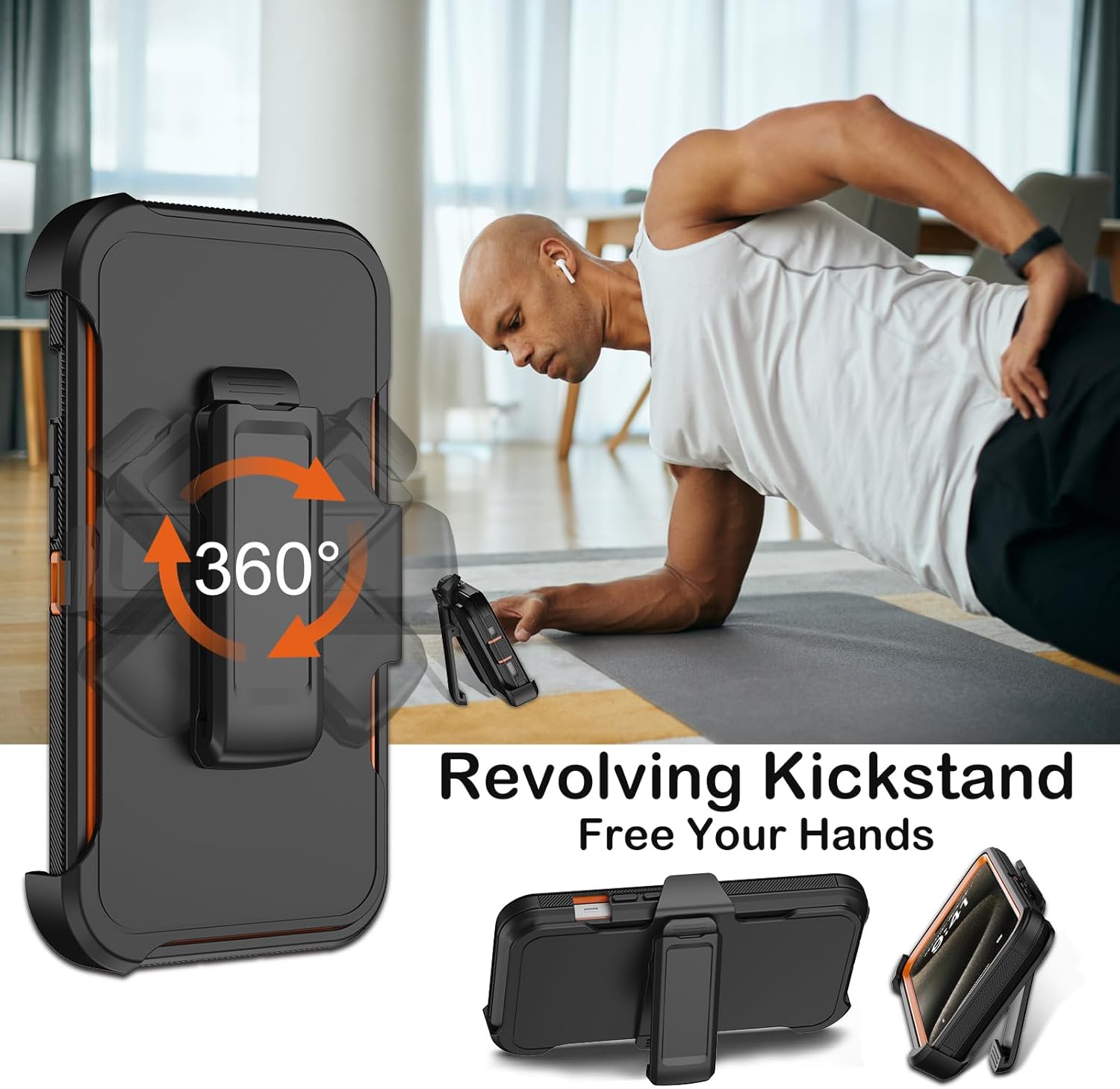 for iPhone 15 Pro Max Case with Belt Clip Holster,Built-in Screen Protector,Heavy Duty Shockproof Drop Protection Military Grade 3 Layers Rugged Phone Cover with Kickstand 6.7" (Black Orange) - Image 5