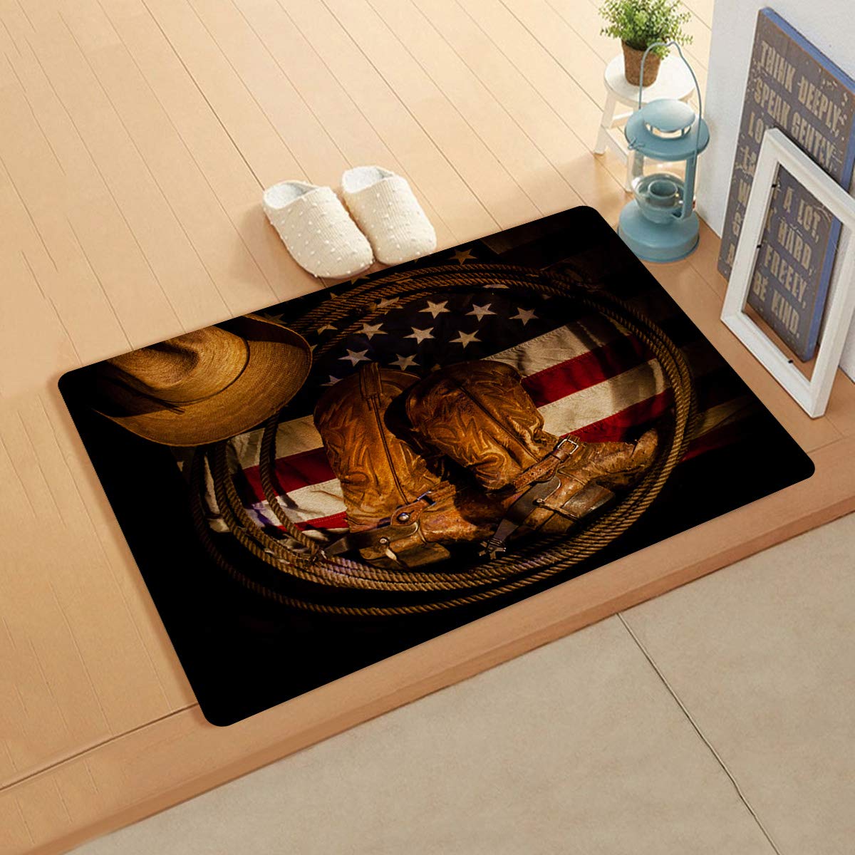 Indoor Outdoor Front Door Mat,Waterproof/Oil-Proof/Stain-Proof and Resilient PVC Leather Doormat,American Flag Western Cowboy Boots and Cap Non-Slip Floor Mat Anti-Fatigue Kitchen Rug Easy Clean,24x36