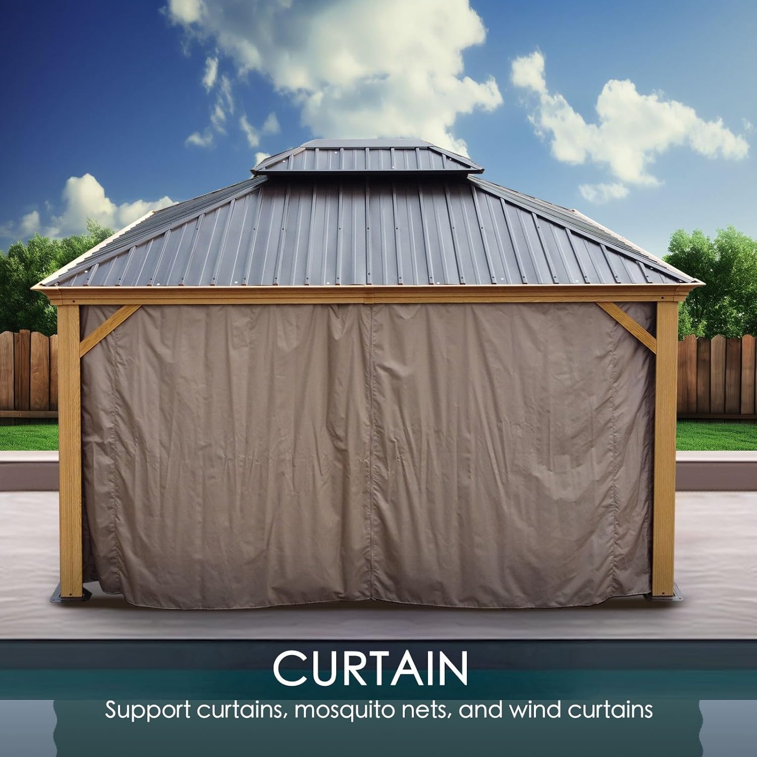 Gazebo with privacy curtains installed and tied back