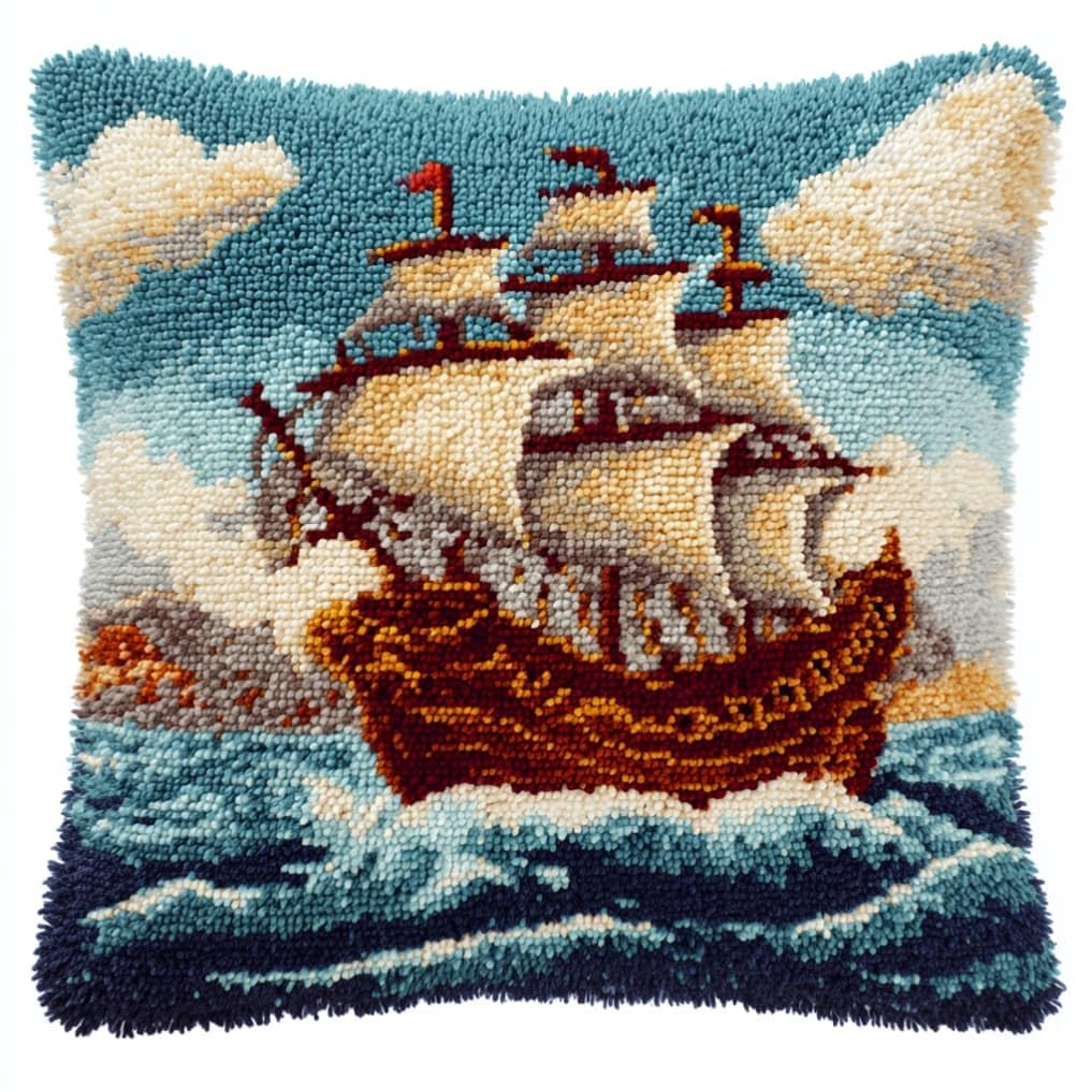WallustrioaW DIY Latch Hook Pillow Kit,Sailboat Pillowcase Kits Embroidery Kits 17X17 Inch DIY Needlework Pillow Cover Sofa Cushion Rug Making