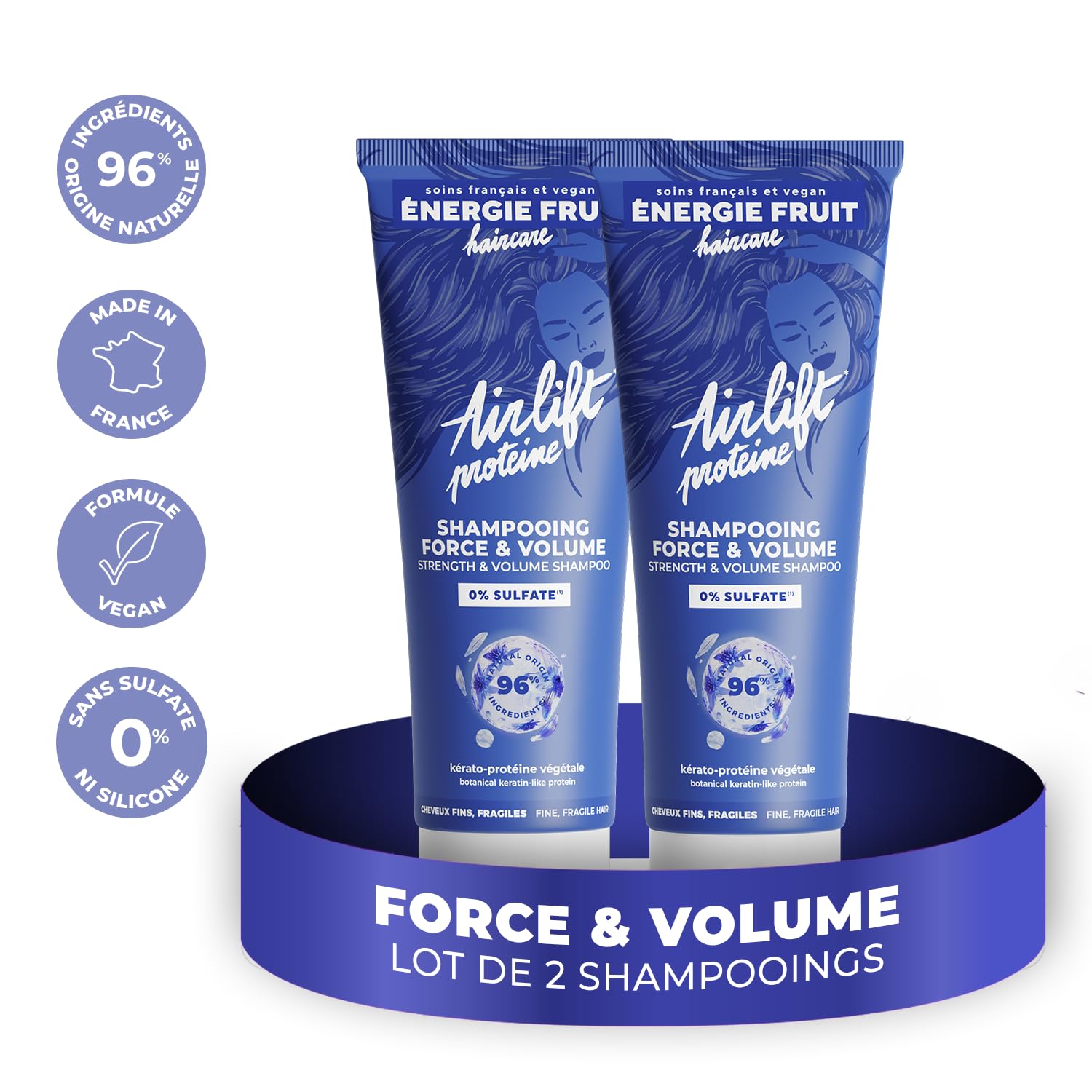 ENERGIE FRUIT Airlift - Shampoing Protéine Force et Volume - Sans Sulfate - Volumisant, Epaississant - Cheveux Fins, Plats, Fragiles, Tombants - 96% Origine Naturelle - 2 x 250ML - 2