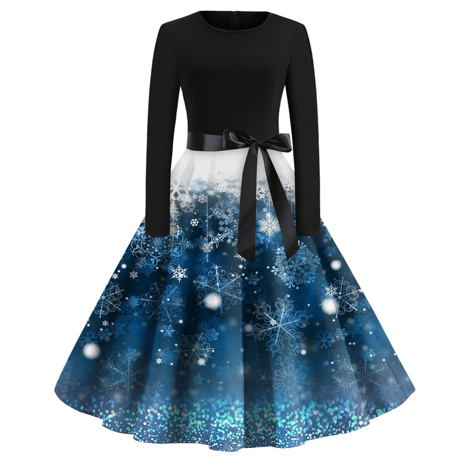 Christmas Dresses for Women Xmas Print Crewneck Long Sleeve Slim-Fit Audrey Hepburn Dress with Belt Vintage Costume