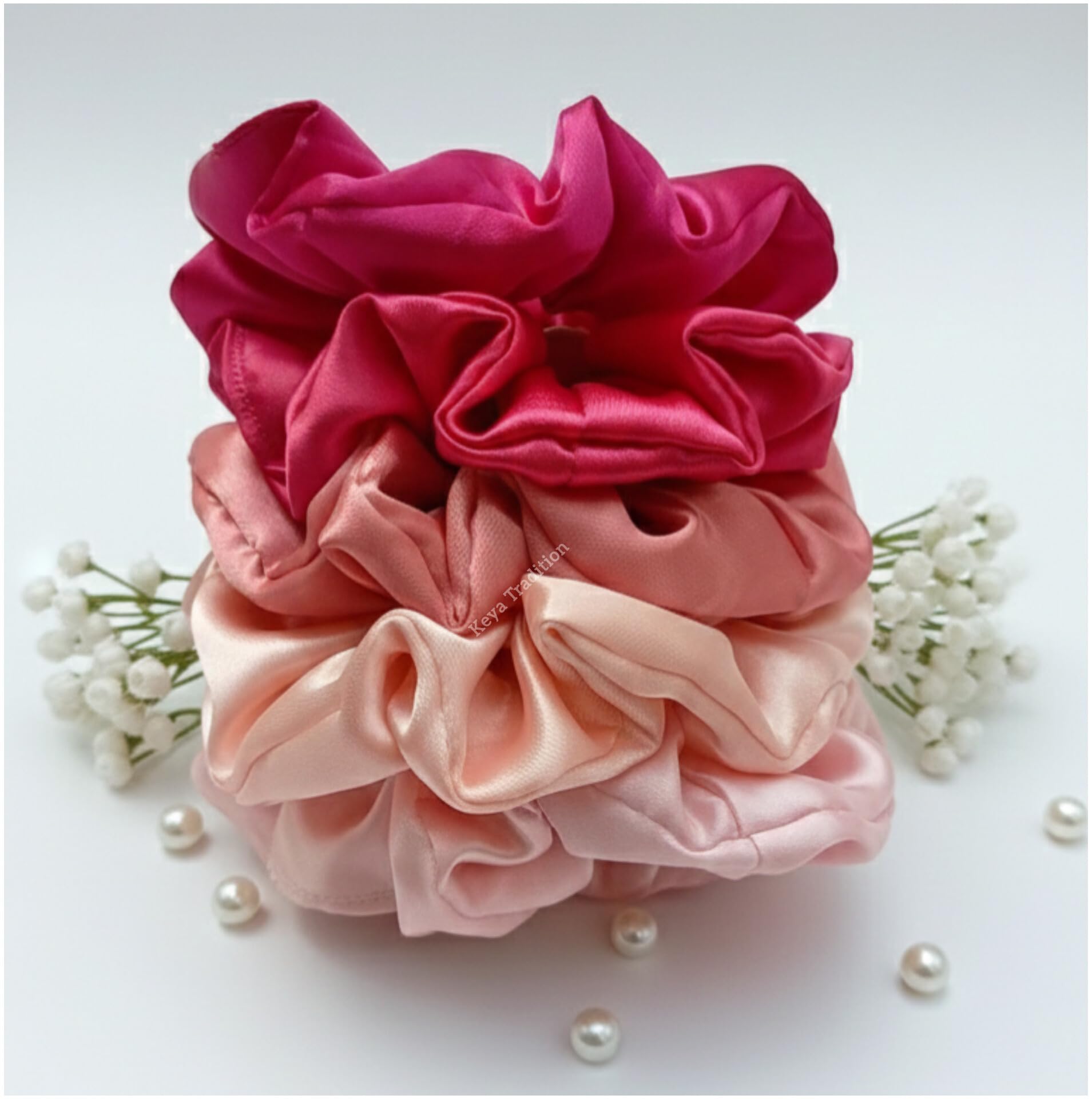 premium silk satin scrunchies for women & girls set of 5 | pink satin ponytail holders | anti-hair-breakage hair ties | hair scrunchies gift combo of 5 | silk hair ties (rose garden) pack of 5 pink silk scrunchies | satin rubberbandss | bun shapers | girlish chic scrunchies | best holi gift for her-image-45