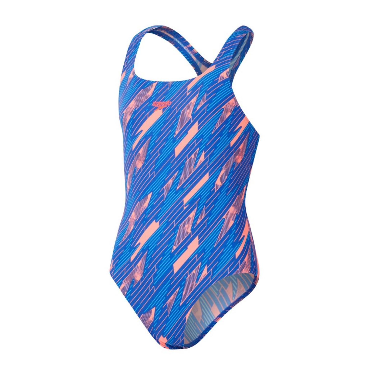 Speedo Girls Hyperboom Allover Medalist One Piece Swimsuit | Chlorine Resistant | Quick Drying, Siren Red/True Cobalt/Pictonblue, 5-6
