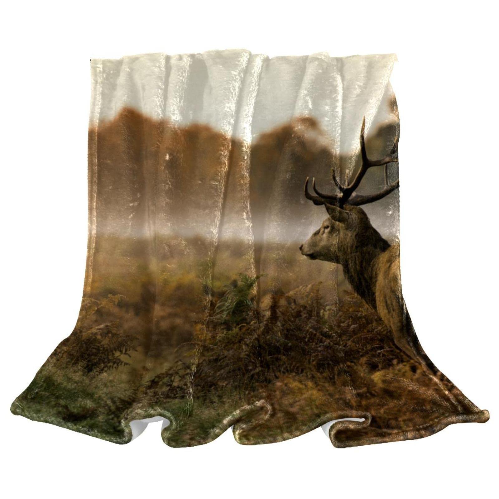 Couverture en peluche microfibre paysage animaux wapiti, plaid de sieste chaud et isolant