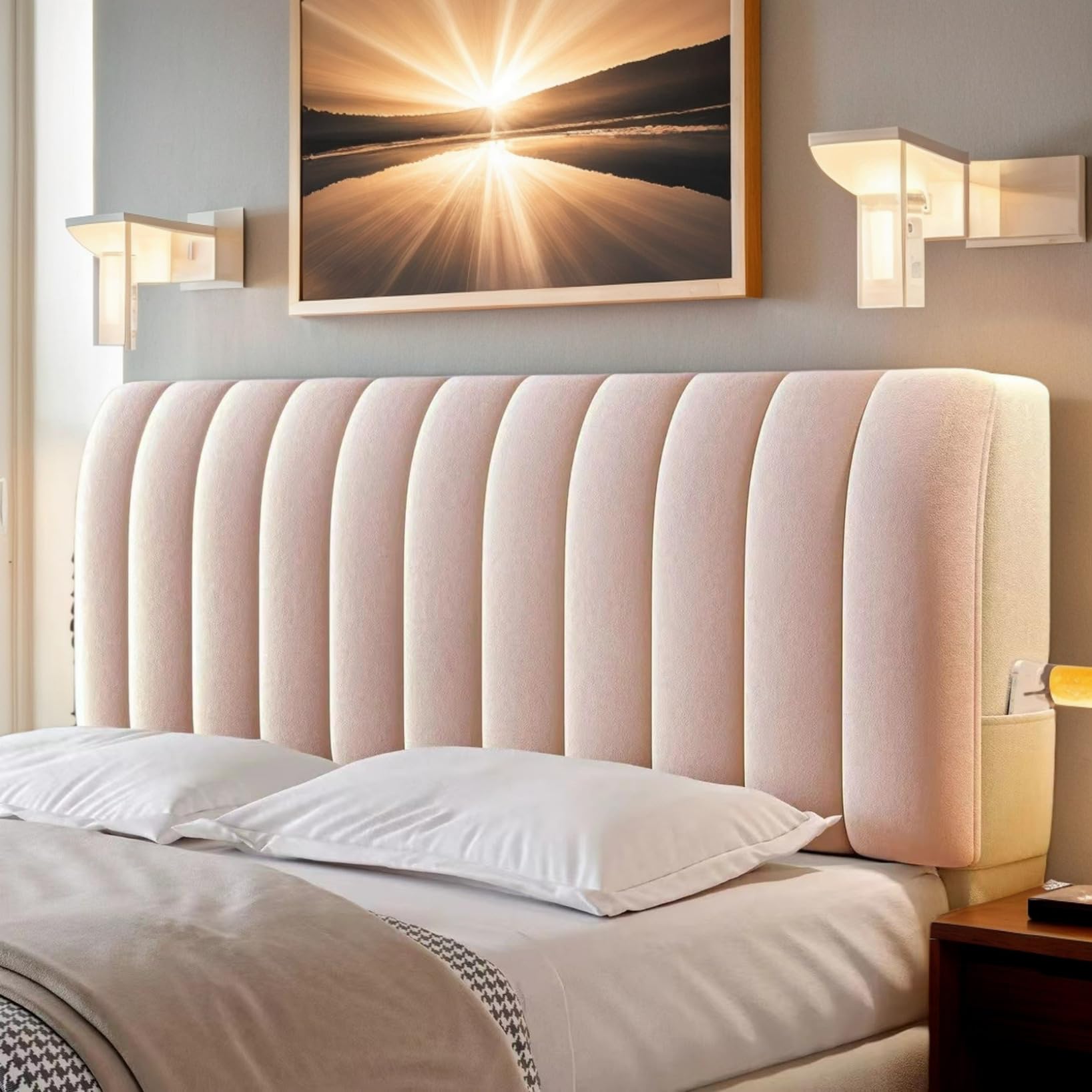 RICPYOIU Funda Elástica A Prueba De Polvo para Cabecera De Cama En Terciopelo con Relleno Espesado Tamaños Individual/Doble/King/Queen Ideal para La Decoración del Dormitorio,Rosado,150cm