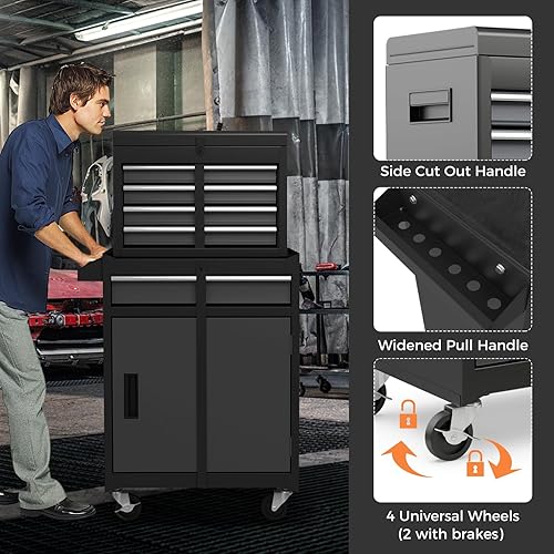 Miniatura 5 de IRONMAX Caja de herramientas con ruedas, armario de herramientas con cerradura de 5 cajones con estante ajustable y 4 ruedas universales, caja de