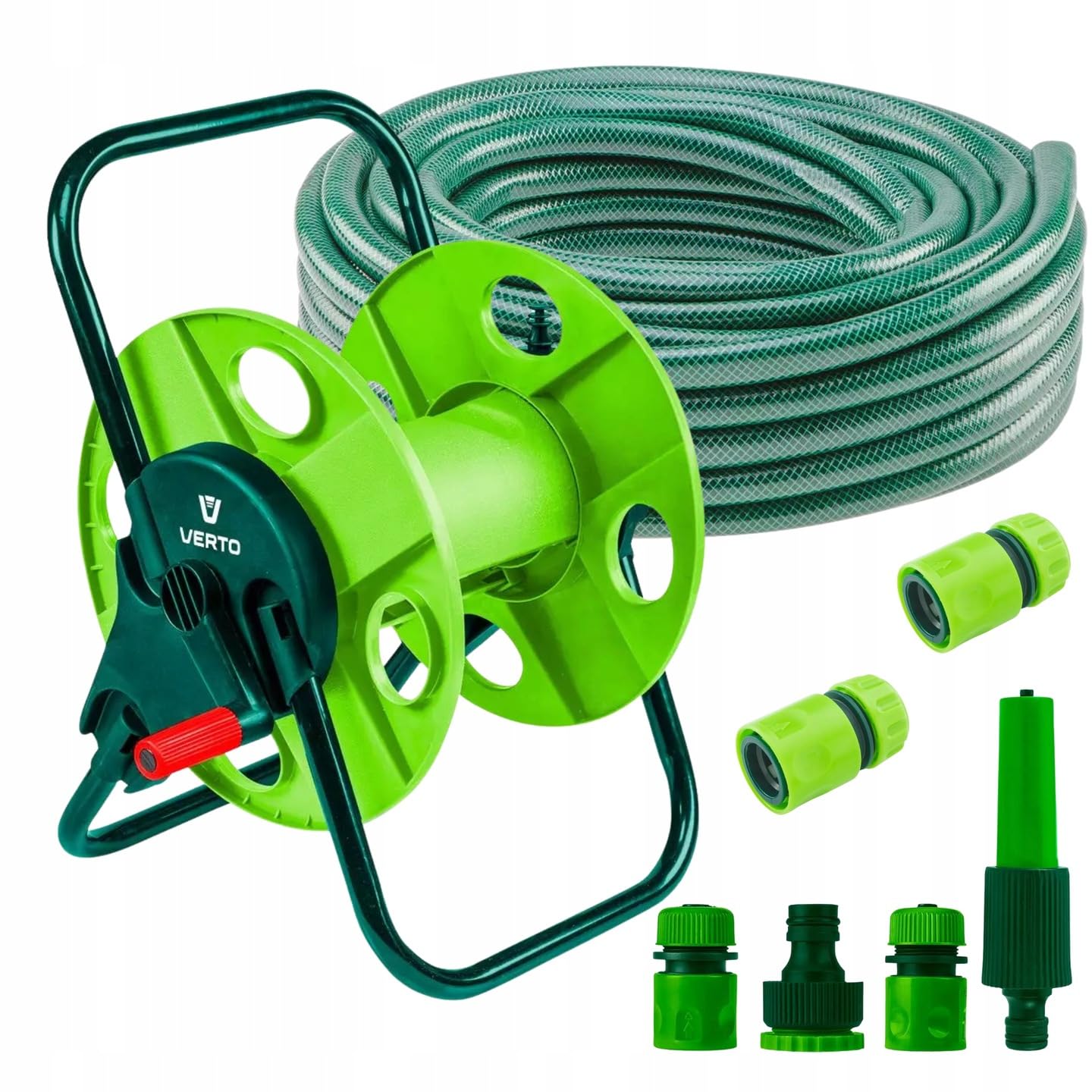 VERTO Schlauchtrommel + Gartenschlauch 20m + Wasserspritze + 3 x Schlauchverbinder, Wasserstop, Hahnverbinder - Gartenbewässerung Komplettes Starterset
