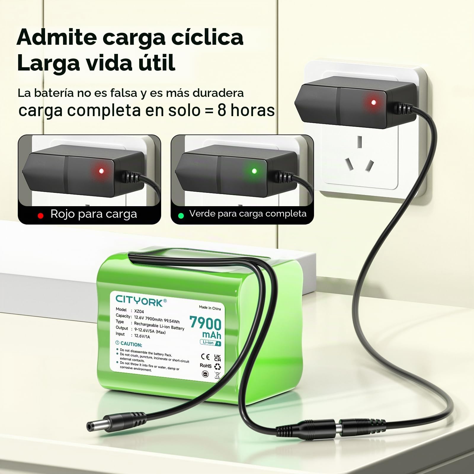 CITYORK Batería de litio recargable de 12,6 V 7900 mAh para faroles solares al aire libre, cámaras CCTV, cámaras digitales, videocámaras, reproductores de CD, dispositivos Bluetooth, radio, altavoz