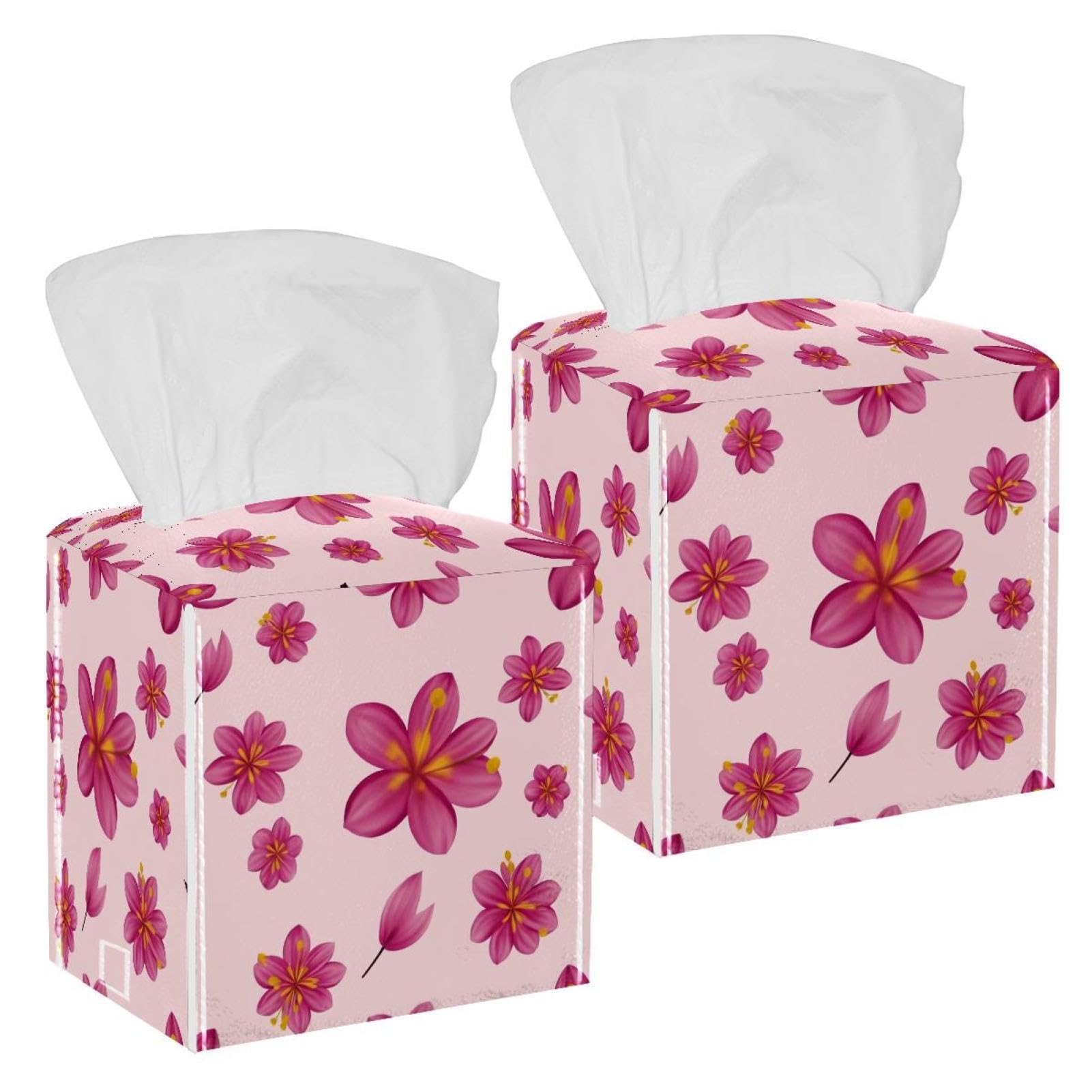 Aesthetic Flower Tissue Box Cover, 2 Pack PU Leather Square Facial Tissue Dispenser Box holder for Home Office Car