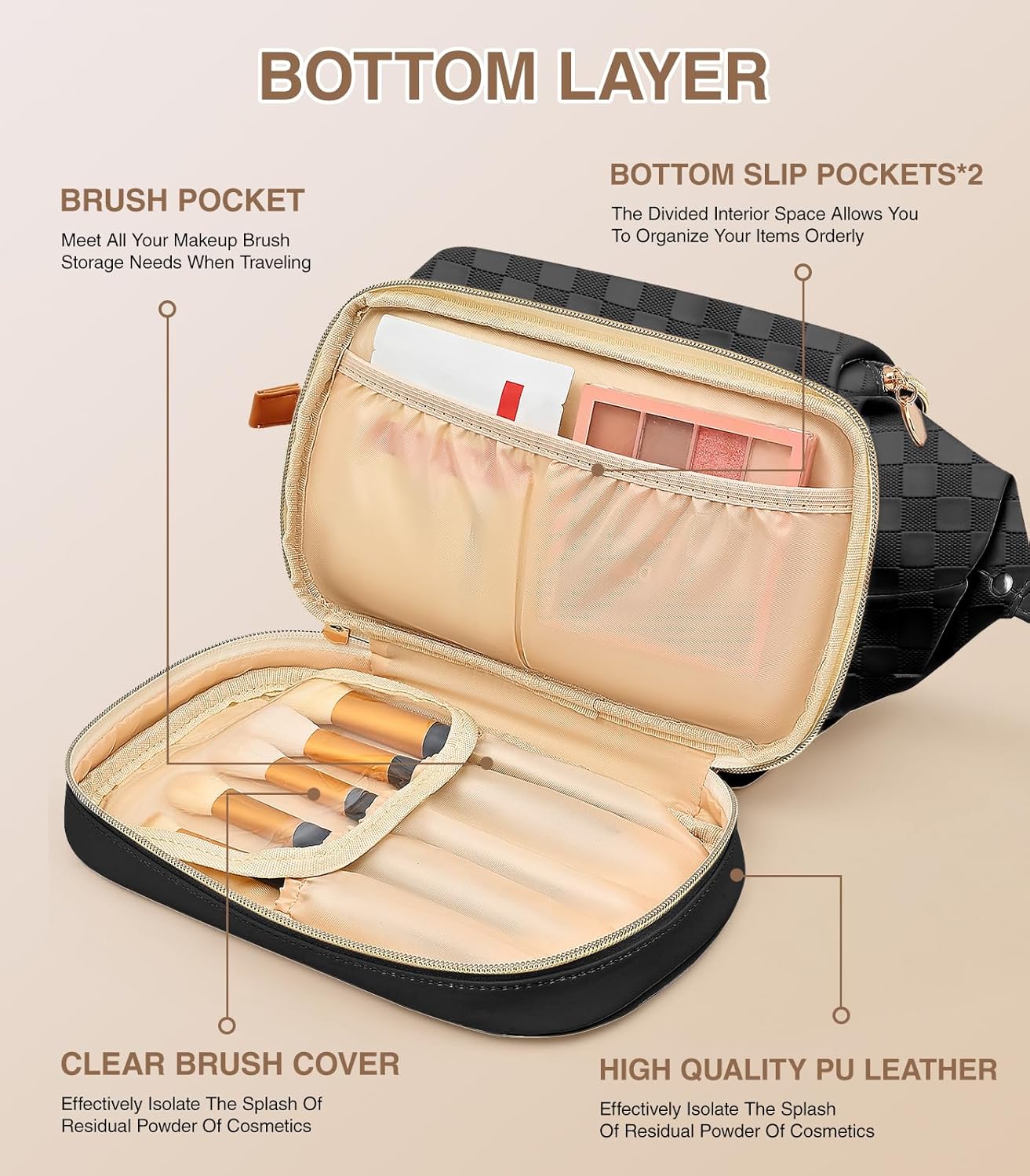 Toiletry Bag for Women, Large Makeup Bag with Double Layer Design, Waterproof Checkered Makeup Organizer Bag, PU Leather Cosmetic Travel Bag with Brush Compartment, Black - Image 3
