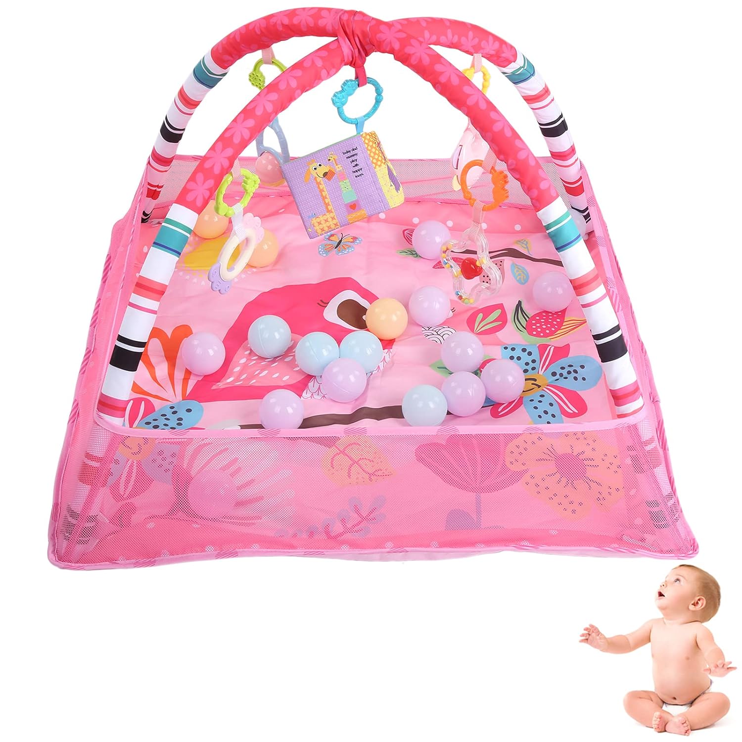 Baby Play Mat, Baby Play Gym, 31.5 x 31.5 x 21.6in Baby Playmat Gym Infant Gym Exercise Baby's Visual Baby Gym Baby Activity Mat for Newborn Sensory Play(Pink)