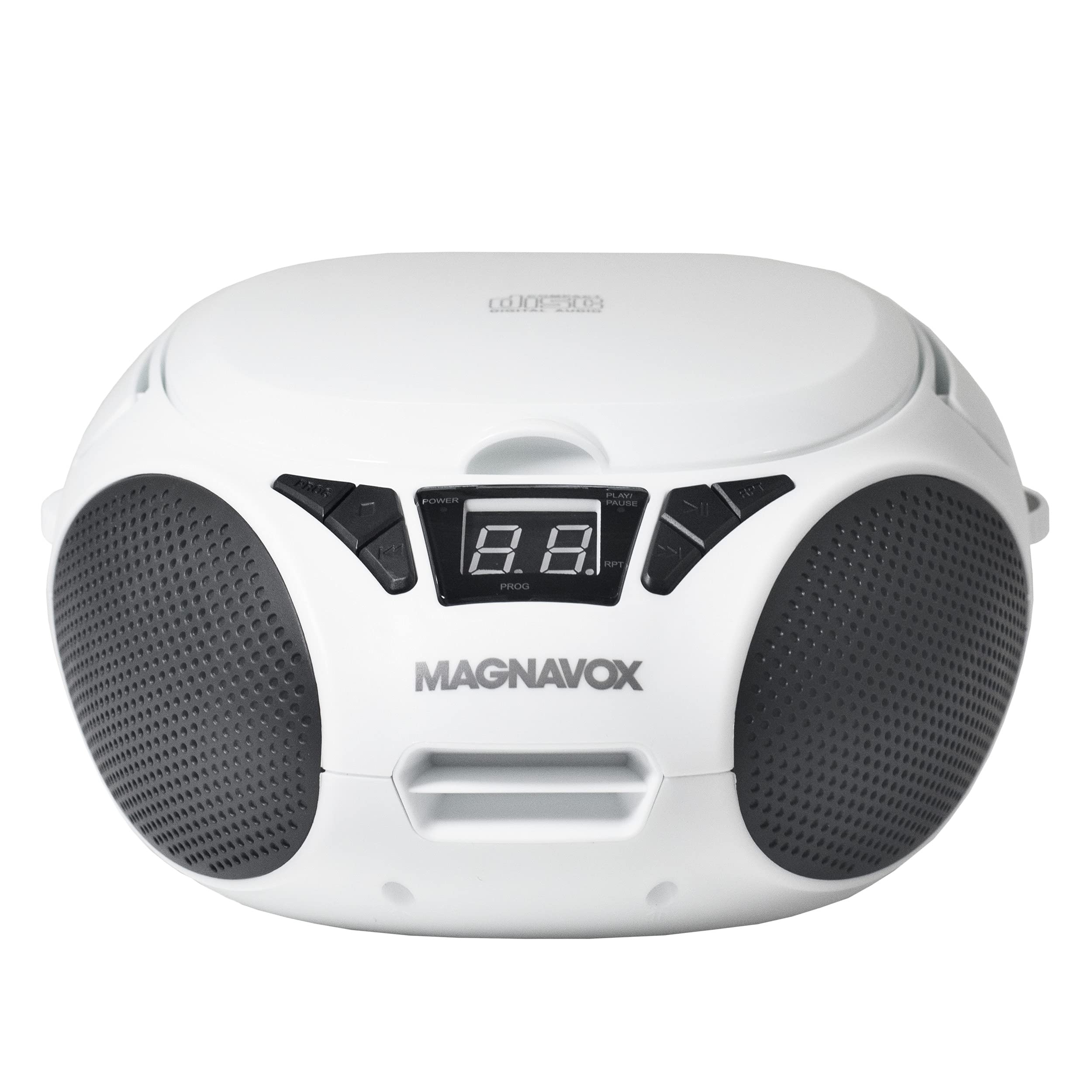Magnavox MD6924-WH Portable Top Loading CD Boombox with AM/FM Stereo Radio in White and Black | CD-R/CD-RW Compatible | LED Display | AUX Port Supported | Programmable CD Player |
