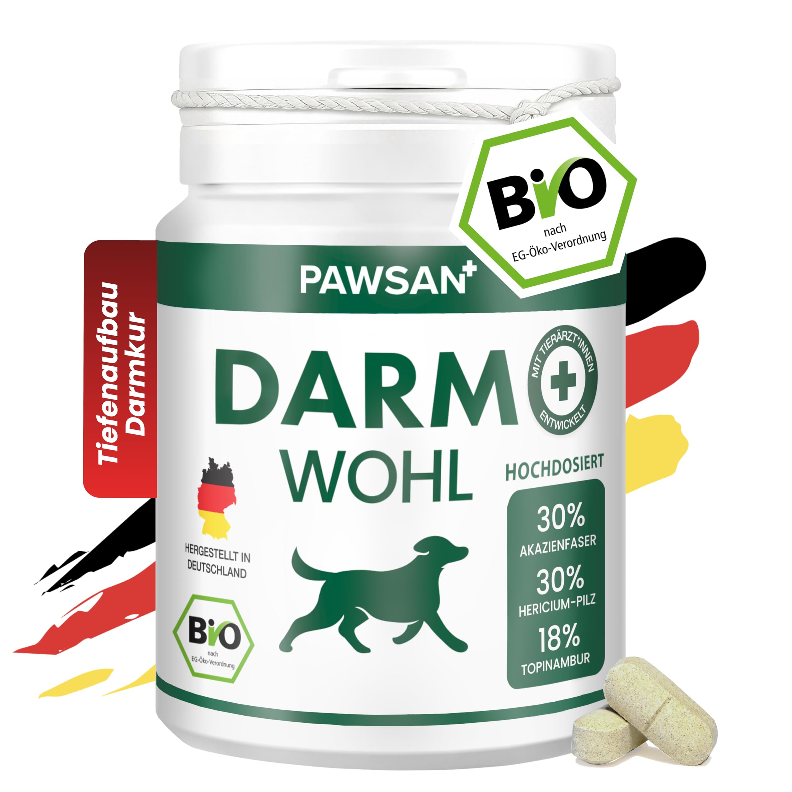 PAWSAN Darmwohl Bio Darmkur Hund – Alternative zu Probiotika – Gras und Kotfresser Drops – Sodbrennen Hund, Durchfall, Blähungen – Darmflora Aufbauen mit Präbiotika – 100 Tabletten Made in Germany
