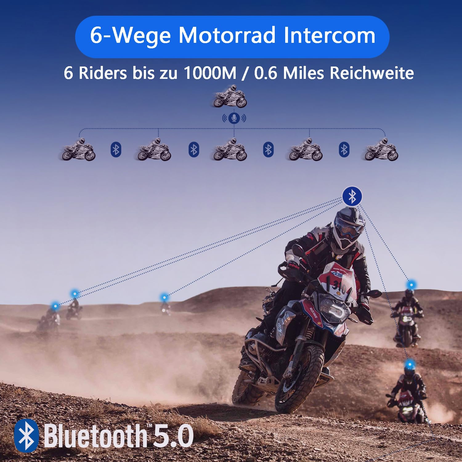 Fodsports FX6 Motorrad Bluetooth Headset 2 Packung, Motorradhelm Intercom mit 40mm HD Lautsprecher, Gegensprechanlage mit Mehrfache Rauschunterdrückung, Kommunikationssystem für 6 Fahrer mit 1000m