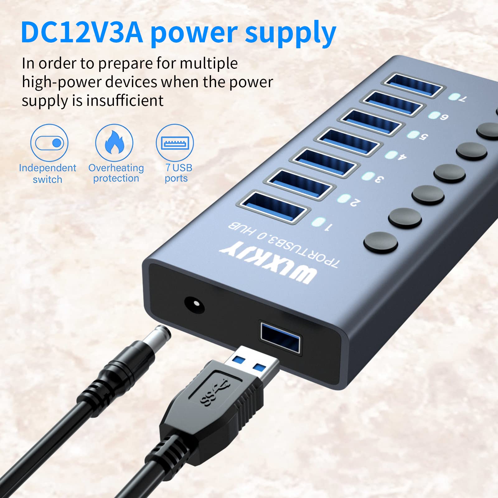WLXKJY Hub USB 3.0 in alluminio, hub USB attivo - 7 porte USB 3.0 SuperSpeed, interruttori individuali e alimentatore da 36 W (12 V/3 A) per MacBook/MacBook Air/MacBook PRO