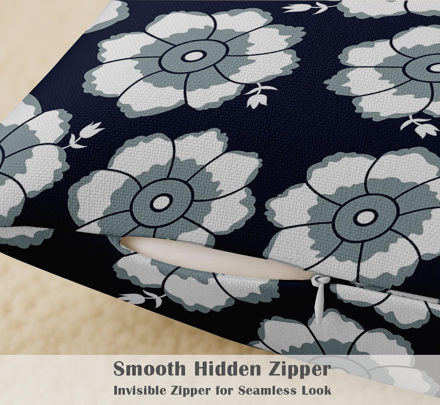 Set of 4 16x16 Inch Pillow Covers - 100% Cotton, Decorative Floral Print, Double-Sided Print with Concealed Zipper - Filler Not Included - Blue
