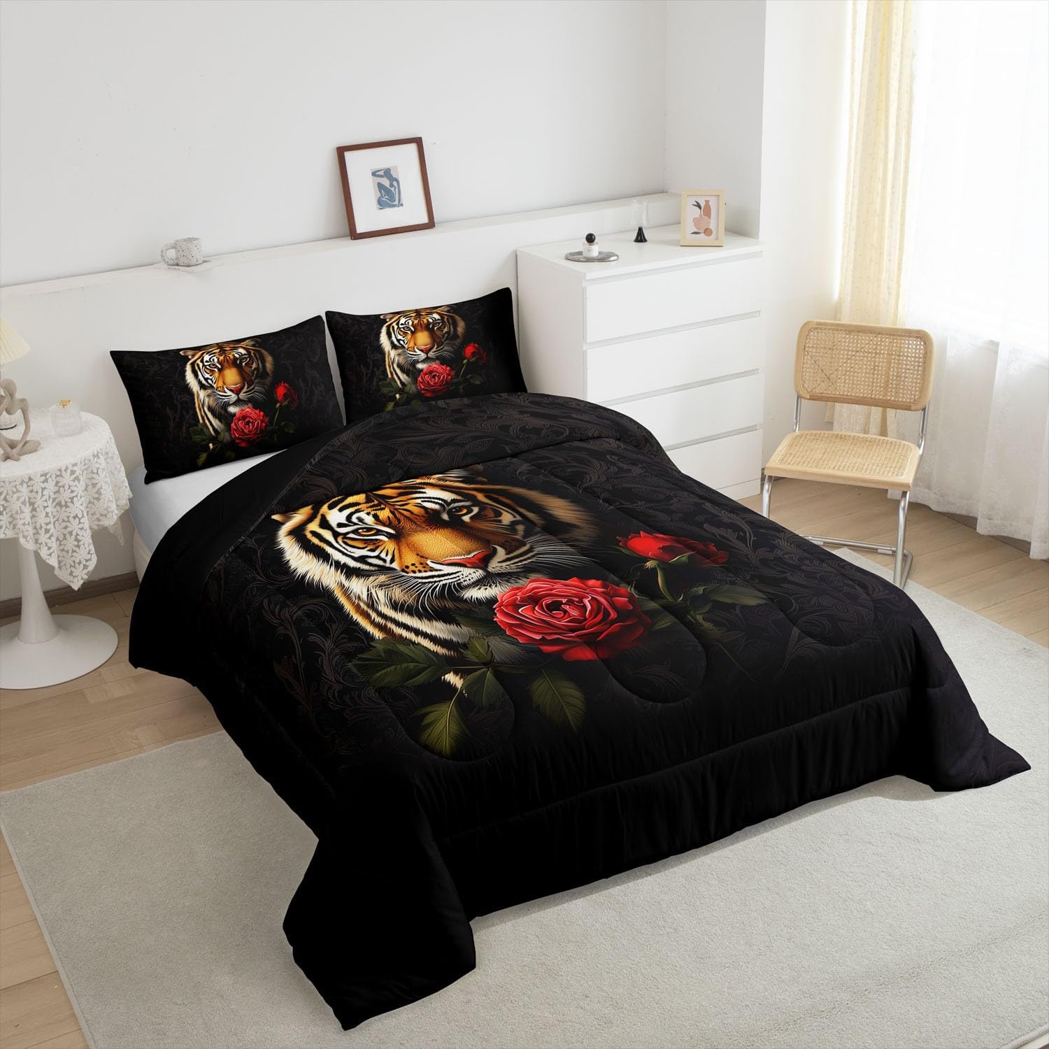 Erosebridal Yellow Tiger Comforter Sets Jungle Wild Animal Beddig Set for Kids Adults,Red Rose Flower Soft Down Comforter King Floral Wildlife Black Quilt Set for Bedroom Decor