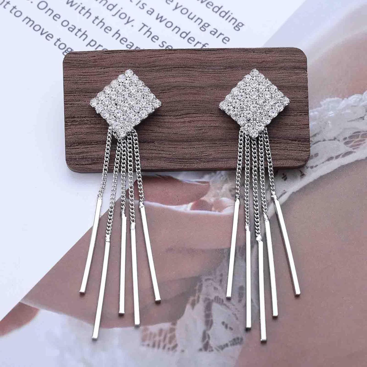 Silver Rhinestone Tassel Dangle Earrings Vertical Bar Tassel Earrings Long Chain Fringe Earrings Square Crystal Earrings Metal Chain Drop Earrings Jewelry for Women - Image 3