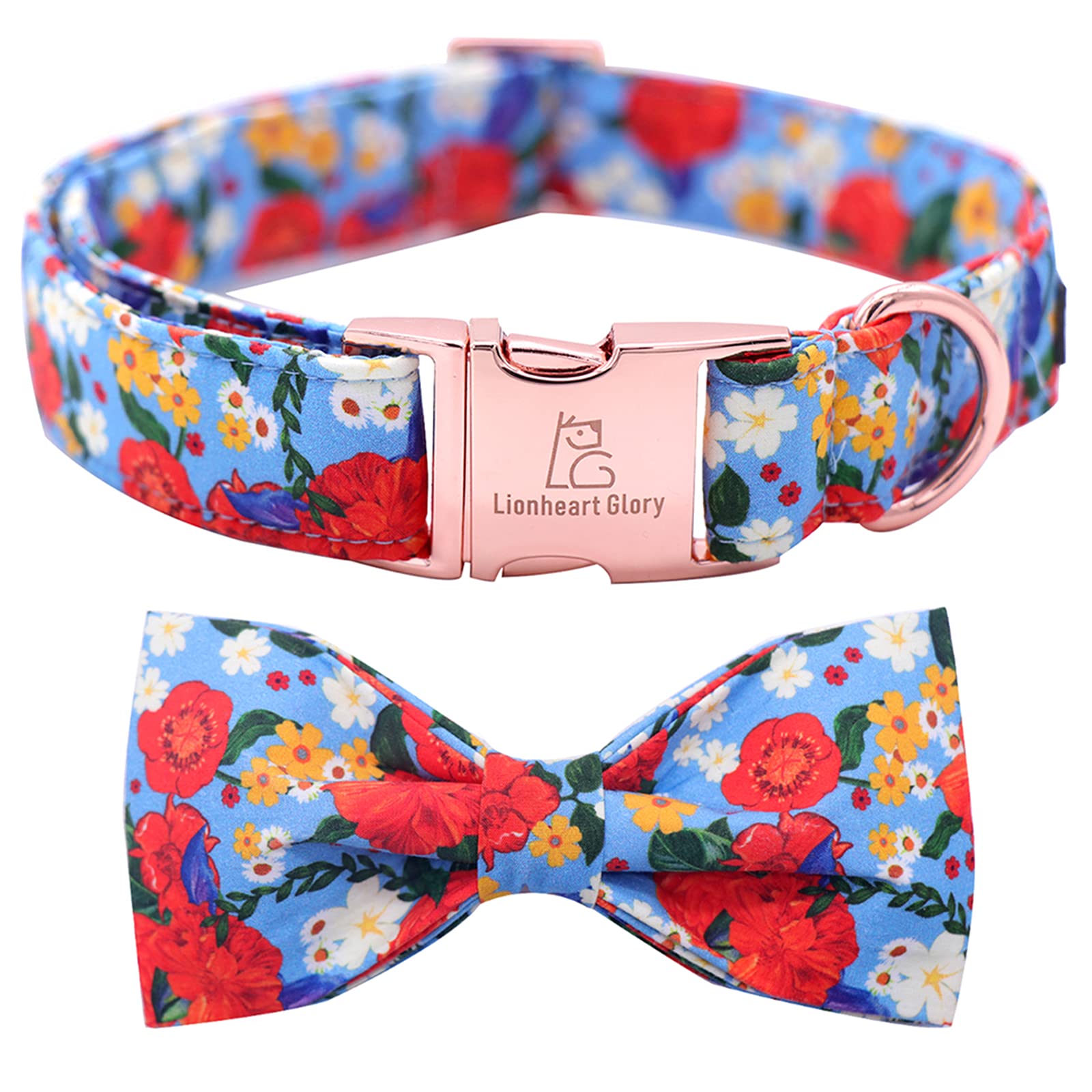 Lionheart glory Floral Print Dog Collar Adjustable Soft Dog Collar with Bowtie, Girl Pet Collars for X-Small Small Medium Large Dogs