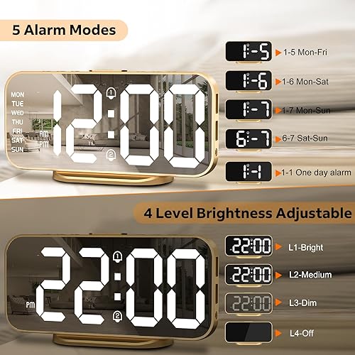Miniatura 4 de Relojes despertadores para dormitorios, reloj despertador digital delgado con espejo LED, pantalla grande con modo de atenuación, alarmas dobles y