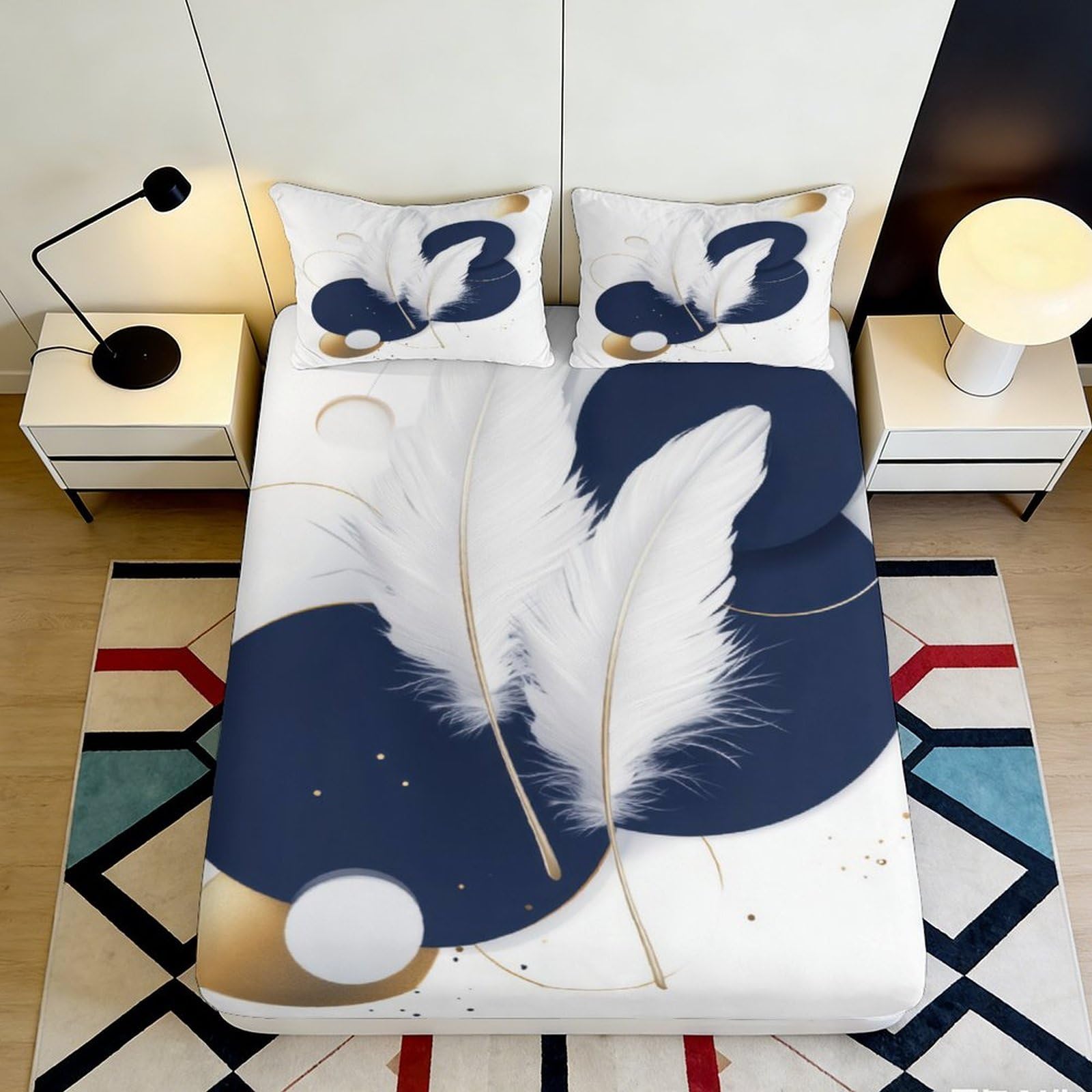3D Printed Abstract Feather Fitted Sheet Microfiber Navy Gold Minimalist Bed Cover for Bedroom Mattress Decor 90x200x25cm