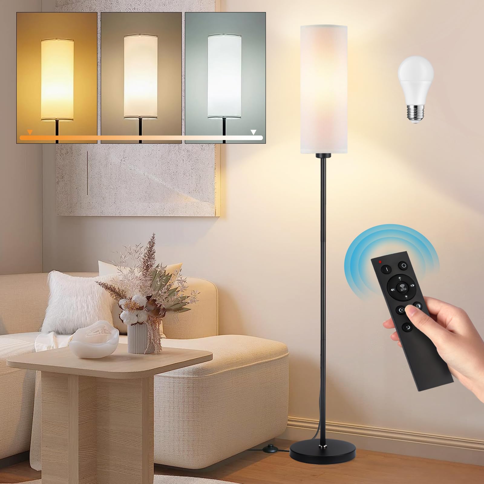 Seruno X Lampara de Pie con Control Remoto, 133cm Lámpara de Piso Moderna con Colores Cambiantes, Brillo sin Pasos, Lámpara de pie Regulable con Bombilla 9W para Salas de Estar, Dormitorios, Oficina