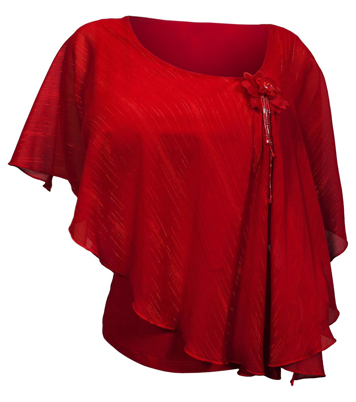 eVogues Plus Size Sheer Layered Glitter Poncho Top Red