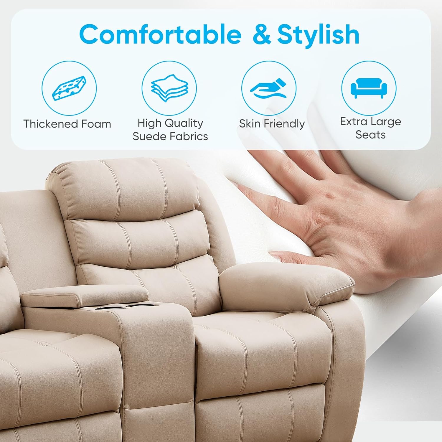 Mjkone Loveseat Recliner Sofa Couch, Reclining Home Theater Seating, Manual Control Recliner Sofa with Console Storage, Cup Holders, Adjustable Backrest, Couch for Living Room, Cinema, Media - Beige