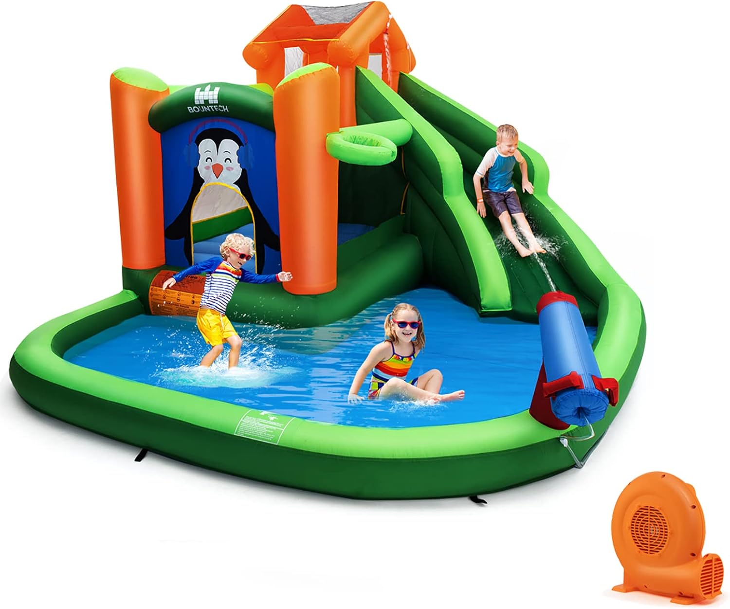 BOUNTECH Inflatable Water Slide, 6 in 1 Water Park Bounce House Combo for Outdoor Fun w/GFCI 750w Blower, Splash Pool, Climbing Wall, Blow up Waterslides Inflatables for Kids Backyard Gift Present