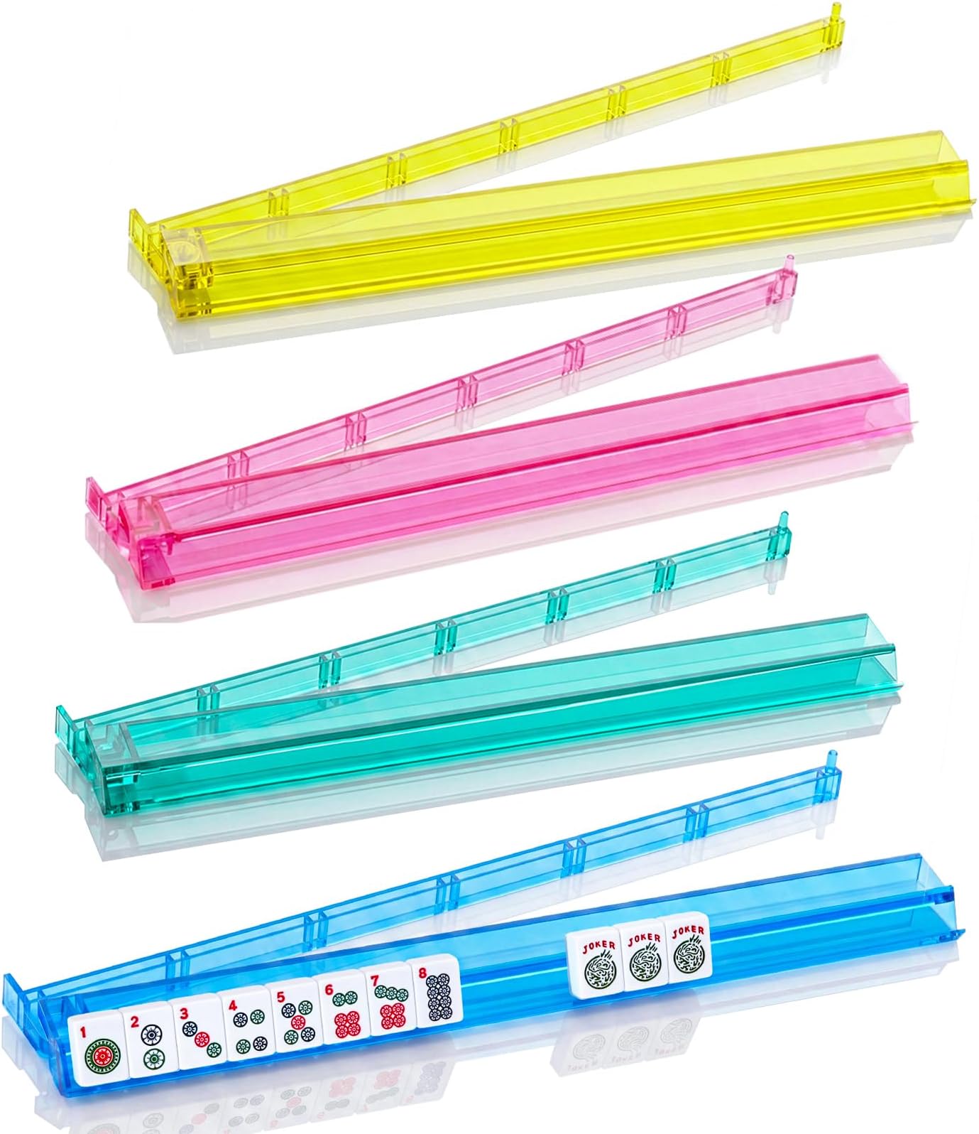 Mahjong All-in-One Tile Rack & Pusher, Clear Acrylic Mahjong Rack and Pusher Combo, Modern American Mahjong Tile Racks, Set of 4, Multi Color
