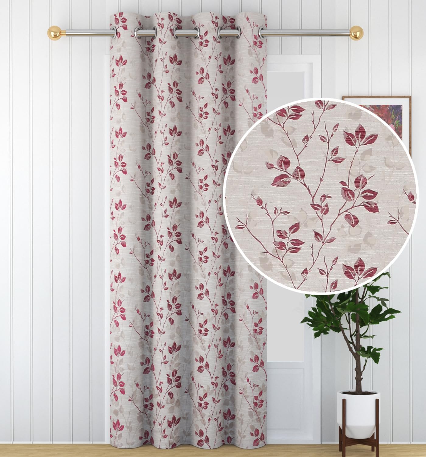 Cotton Living Room Curtains 1pc Window Parda | Floral Room Darkening 10 Feet Long Curtains for Bedroom with Eyelets Ring Parde Screens (10ft, Leaf Wine, 1pc)