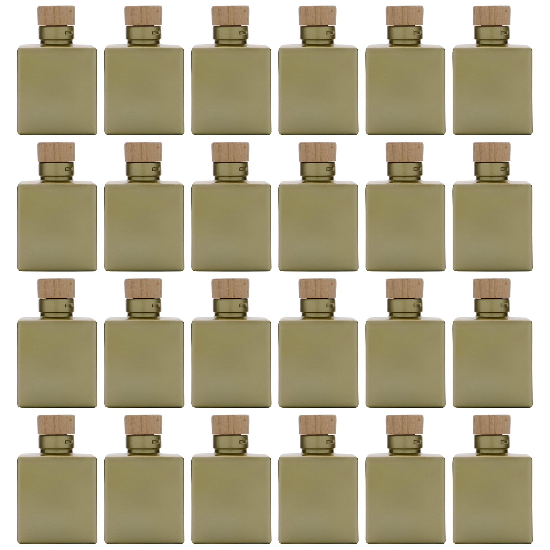 Zestaw 24 szklanych butelek Cube 100 ml kwadratowe złote matowe z drewnianym korkiem