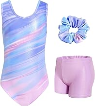 JiAmy Gymnastics Leotards for Girls, 3Pcs Sleeveless Athletic Outfit Sparkly Dance Unitards with Shorts Ballet Biketards 3-12 Years