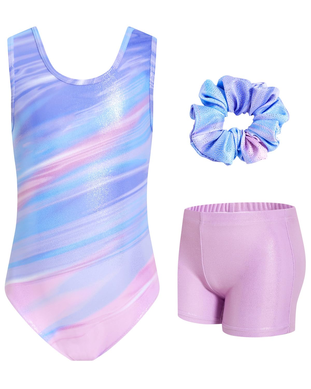 JiAmy Gymnastikanzug Mädchen, Turnanzug Kinder mit Hose Haarband Set, Glänzendes Gymnastik Turnanzug Leotard für 11-12 Jahre