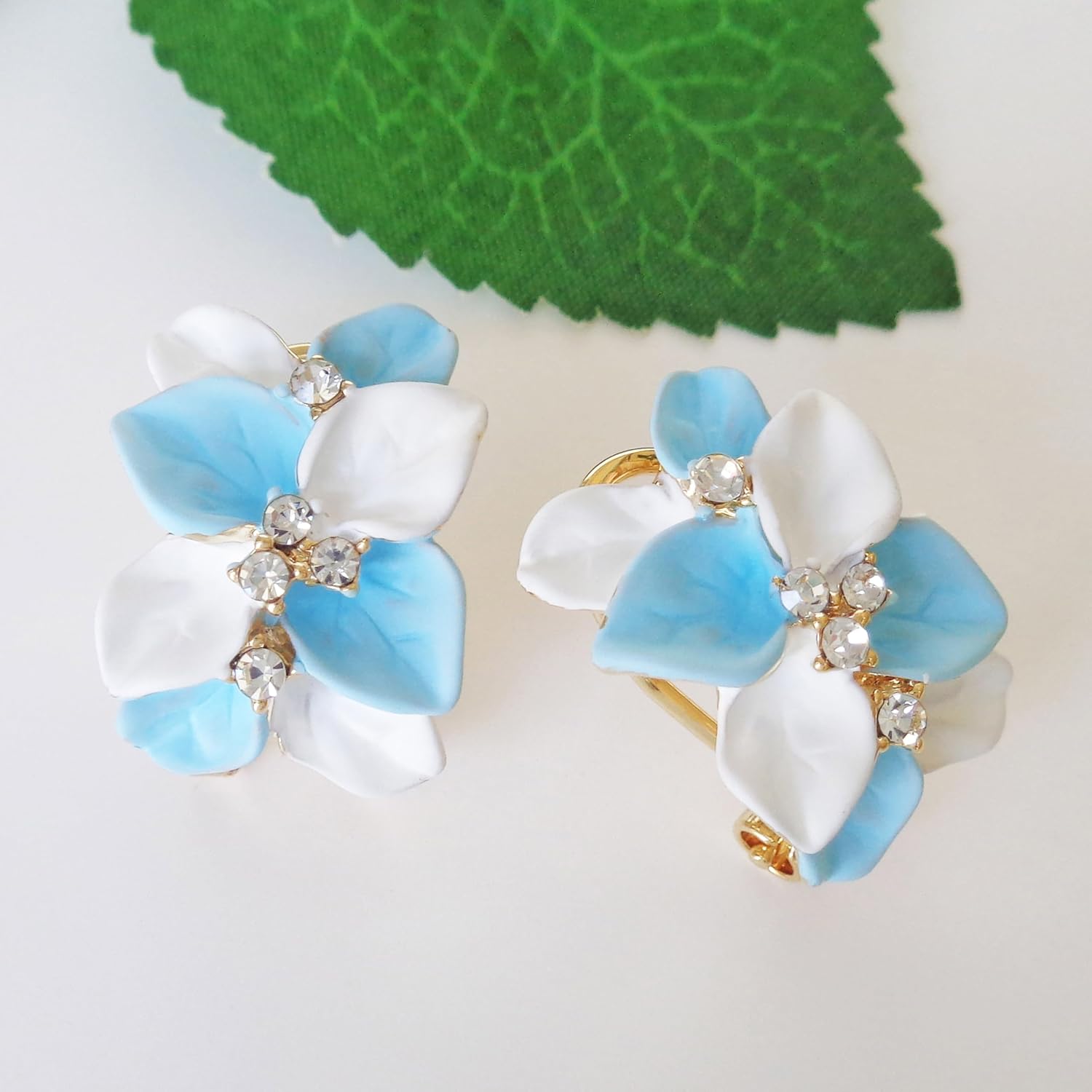 Navachi 18k Gold Plated White Crystal Double Enamel Leaves Flower Omega Back Earrings - Image 3