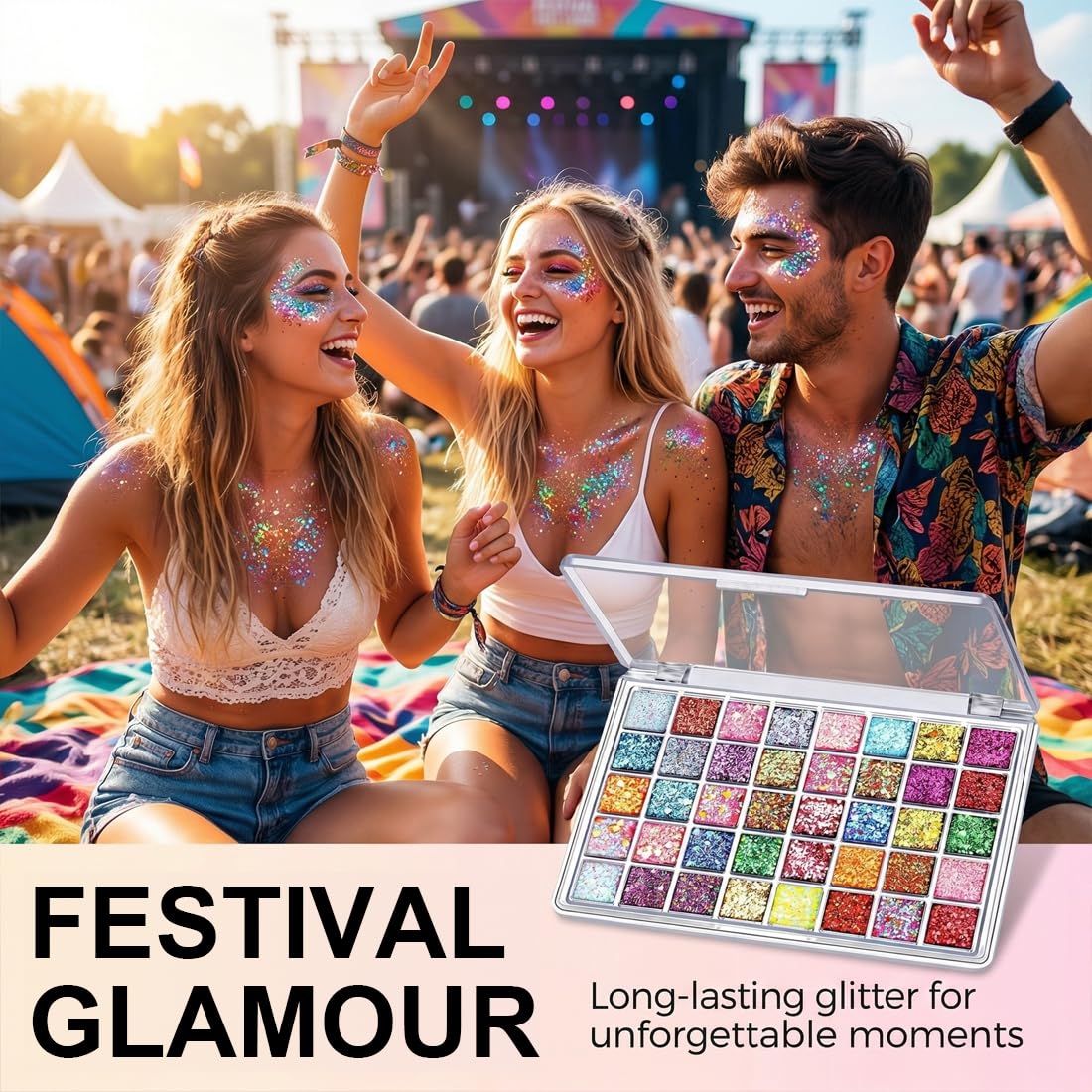 Palette Ombretti Glitter 40 Colori, Altamente Pigmentata per Viso & Corpo. Effetto Gel Lunga Durata per Trucchi Carnevale, Festa, Adulti & Bambini.