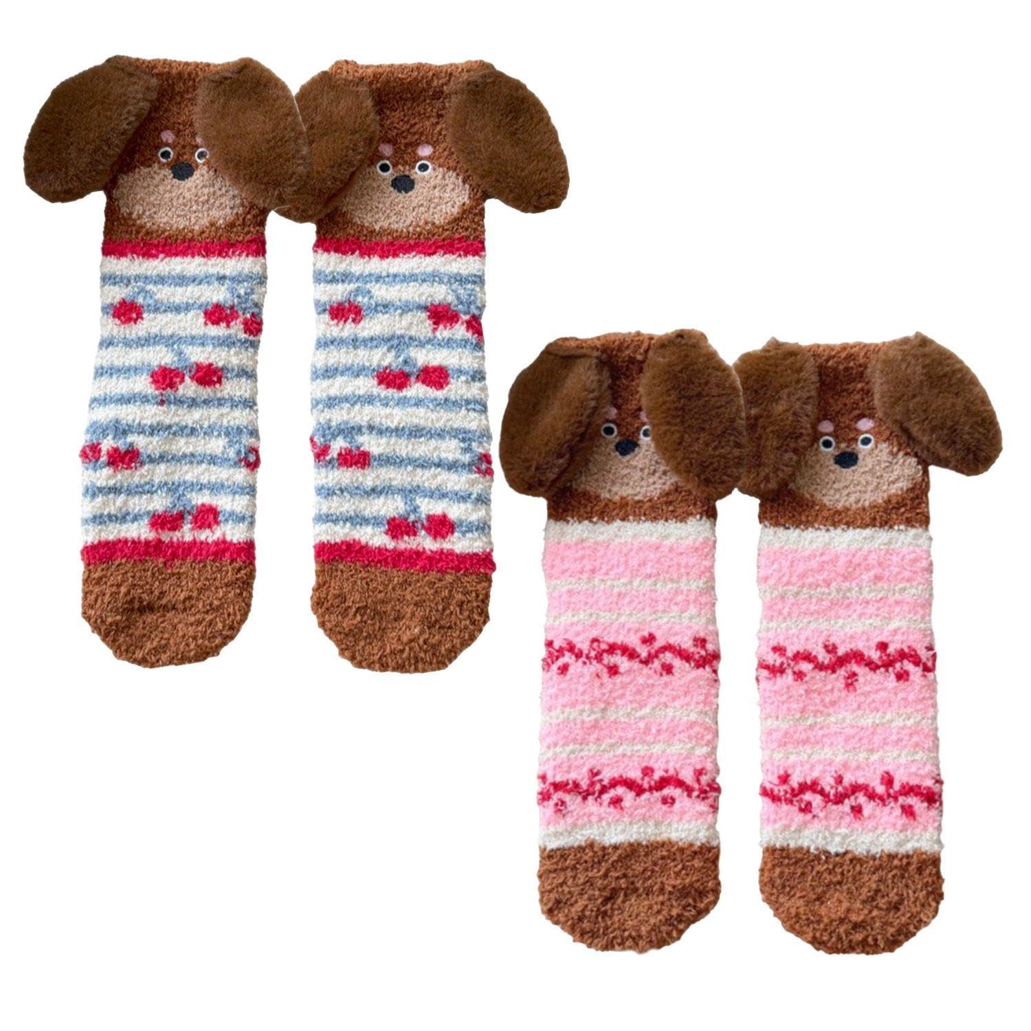 Wufgwbd Unisex Blue Stripes 2 Pairs Of Striped Socks, Cute Dachshund Shape, Fluffy Coral Fleece, Non-Slip Floor Socks, Suitable For Winter Warmth, Gifts.