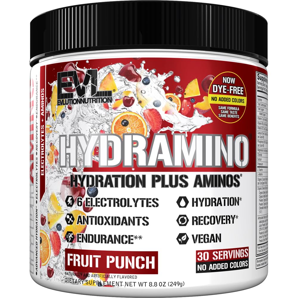 Evlution Nutrition HYDRAMINO Complete Hydration Multiplier, 6 Electrolytes, Vitamin C & B, Fluid Boosting Aminos, Coconut Water, Endurance, Recovery, Antioxidants, 30 Serve, Fruit Punch (Dye Free) Fruit Punch 30 Servings