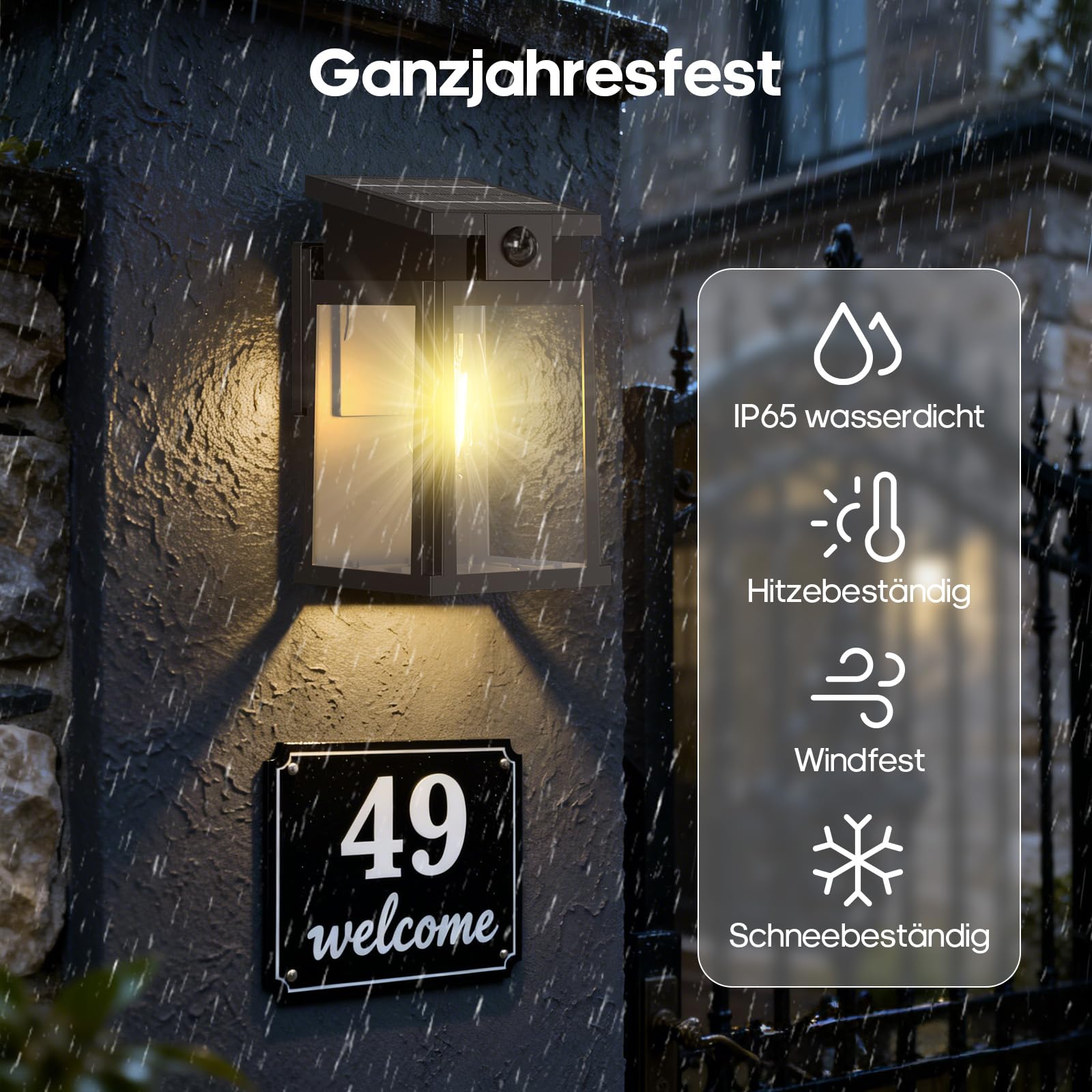 GOODEA 2er Set E26 Kabellose Veranda Solar Außenlampe mit Bewegungsmelder | 2500mAh Akku,2 Beleuchtungsmodi,IP65 Wasserdicht,Wand Solarlampe Aussen für Eingang Garage Terrasse Hof
